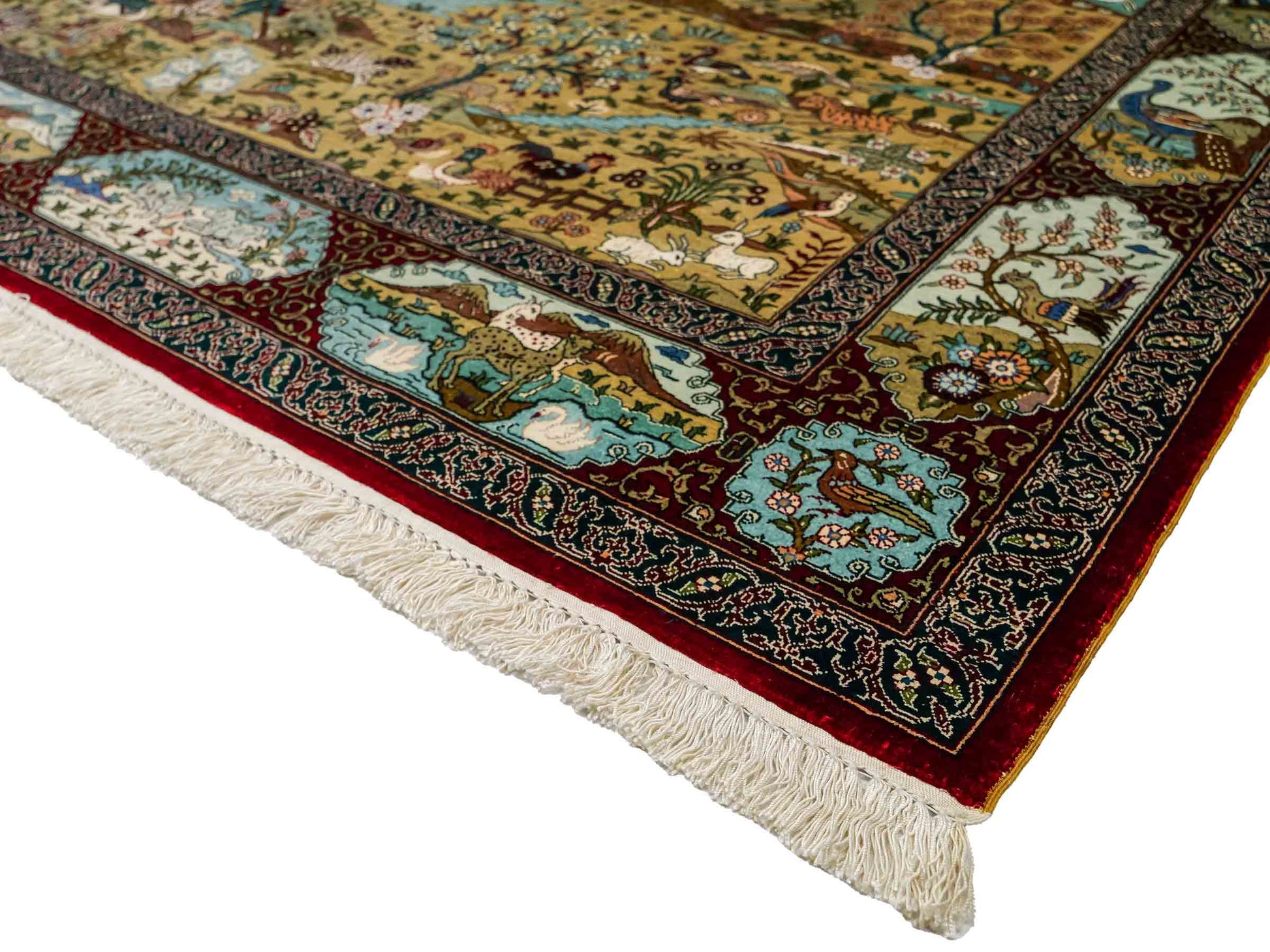 Sehr feiner, handgeknüpfter Khademi Orientteppich mit Hereke Design aus reiner Seide, rot, multicolor. 190x125 cm.  Vertrieb durch Jupiter Intl.