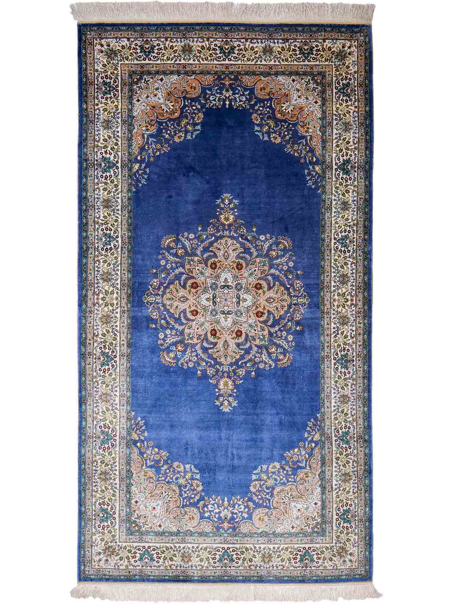Sehr feiner, handgeknüpfter Khademi Orientteppich mit Hereke Design aus reiner Seide, blau, creme. 192x99 cm. Vertrieb durch Jupiter Intl.