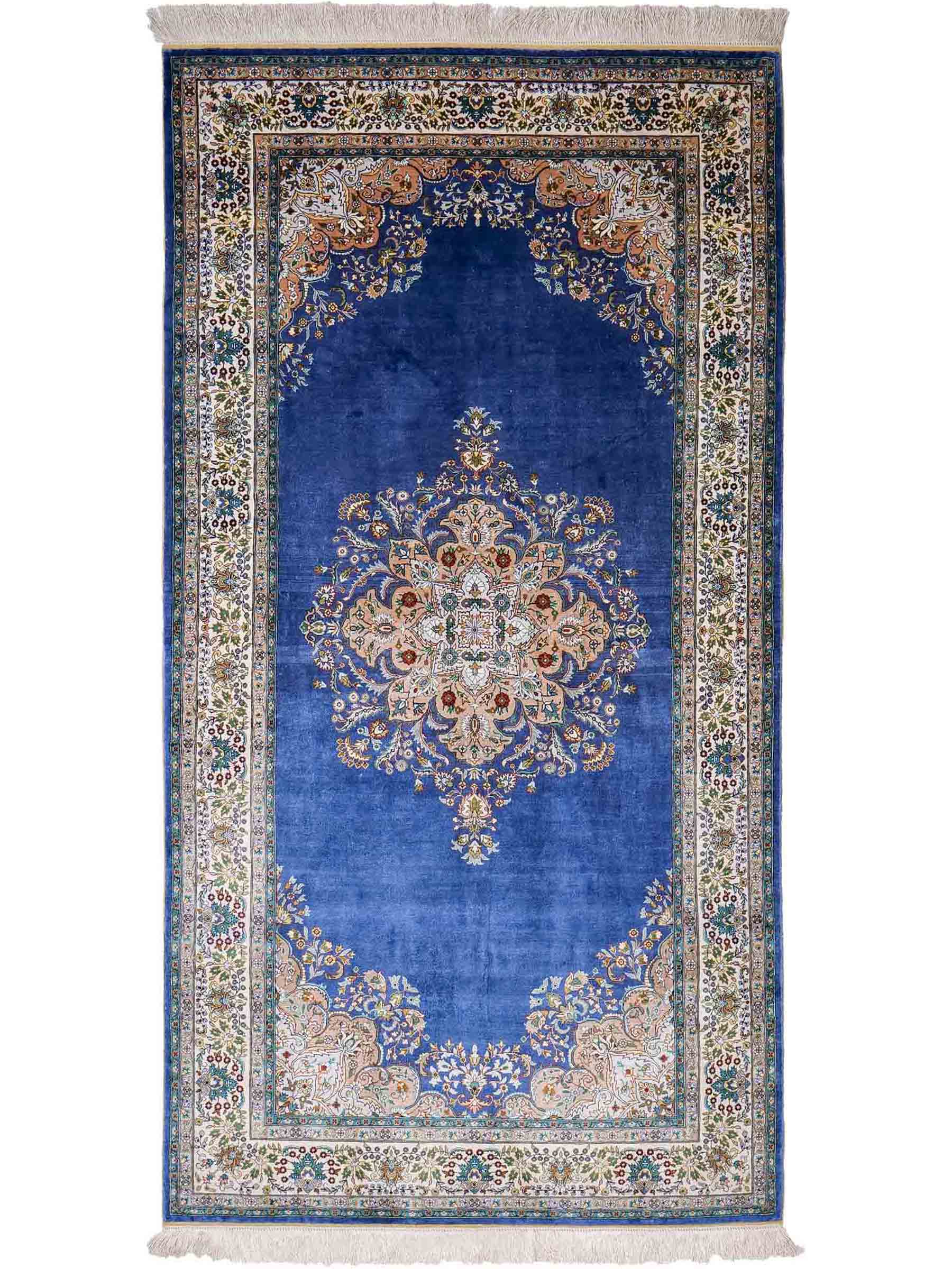 Sehr feiner, handgeknüpfter Khademi Orientteppich mit Hereke Design aus reiner Seide, blau, creme. 192x99 cm. Vertrieb durch Jupiter Intl.