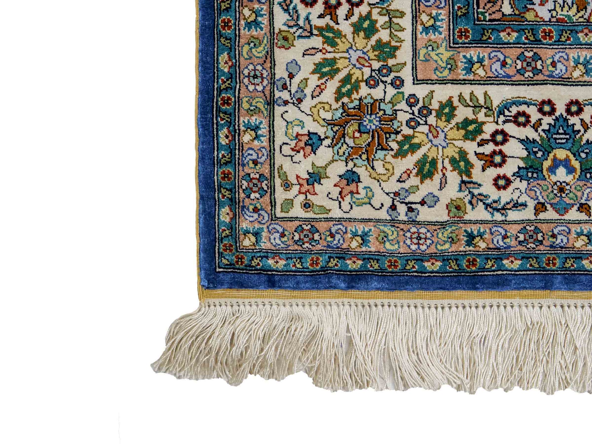 Sehr feiner, handgeknüpfter Khademi Orientteppich mit Hereke Design aus reiner Seide, blau, creme. 192x99 cm. Vertrieb durch Jupiter Intl.