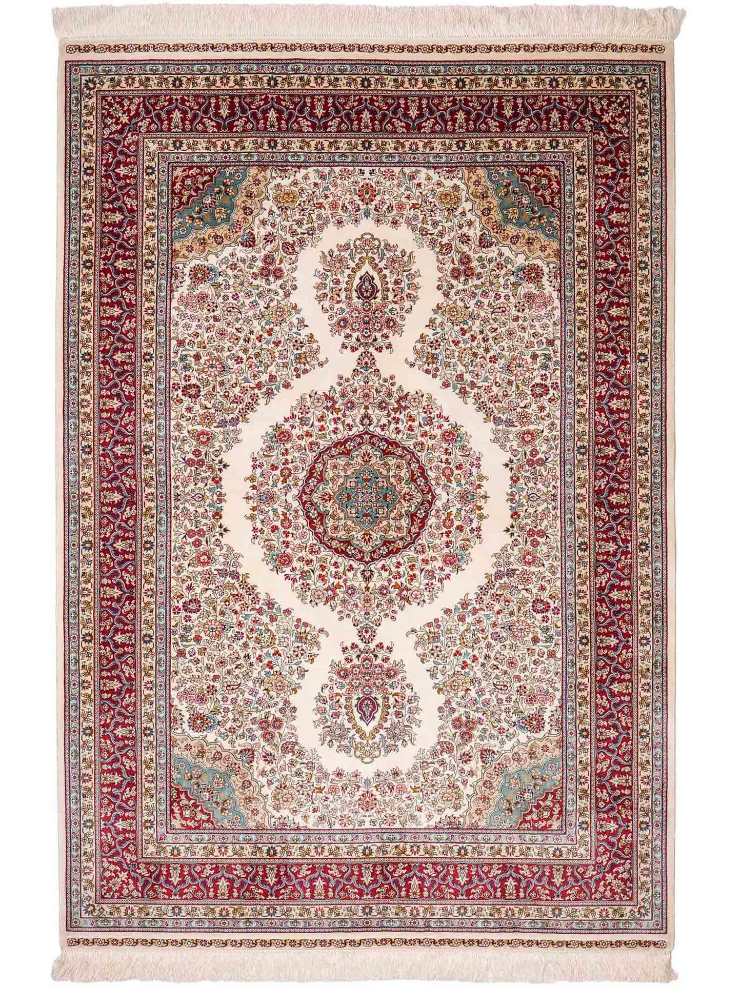 Sehr feiner, handgeknüpfter Khademi Orientteppich mit Hereke Design aus reiner Seide, creme, weiß, rot. 194x124 cm. Vertrieb durch Jupiter Intl.