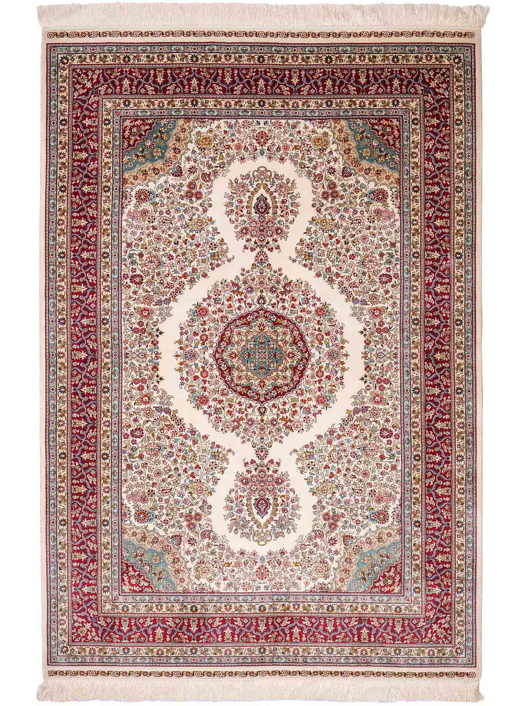 Sehr feiner, handgeknüpfter Khademi Orientteppich mit Hereke Design aus reiner Seide, creme, weiß, rot. 194x124 cm. Vertrieb durch Jupiter Intl.