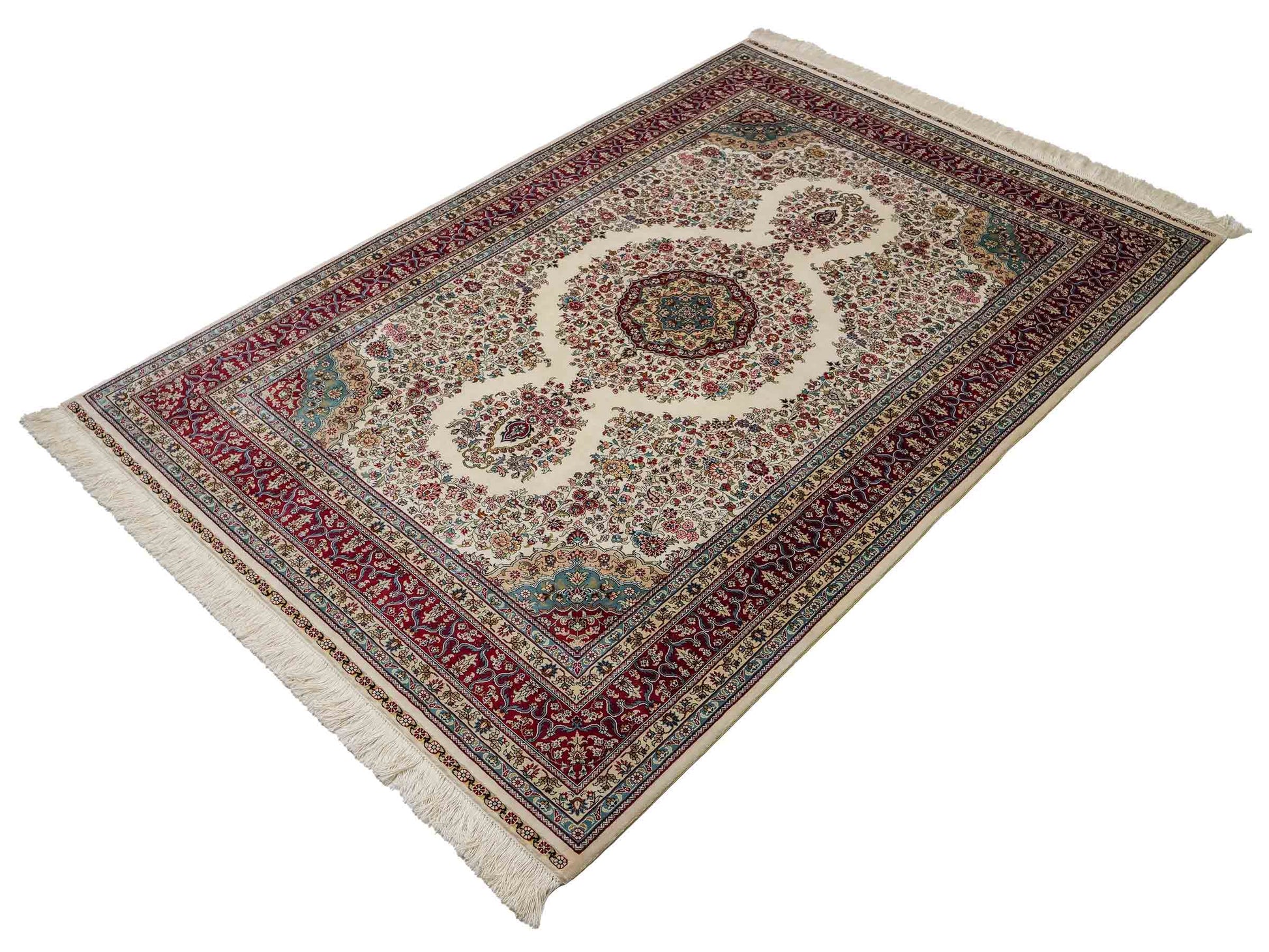 Sehr feiner, handgeknüpfter Khademi Orientteppich mit Hereke Design aus reiner Seide, creme, weiß, rot. 194x124 cm. Vertrieb durch Jupiter Intl.