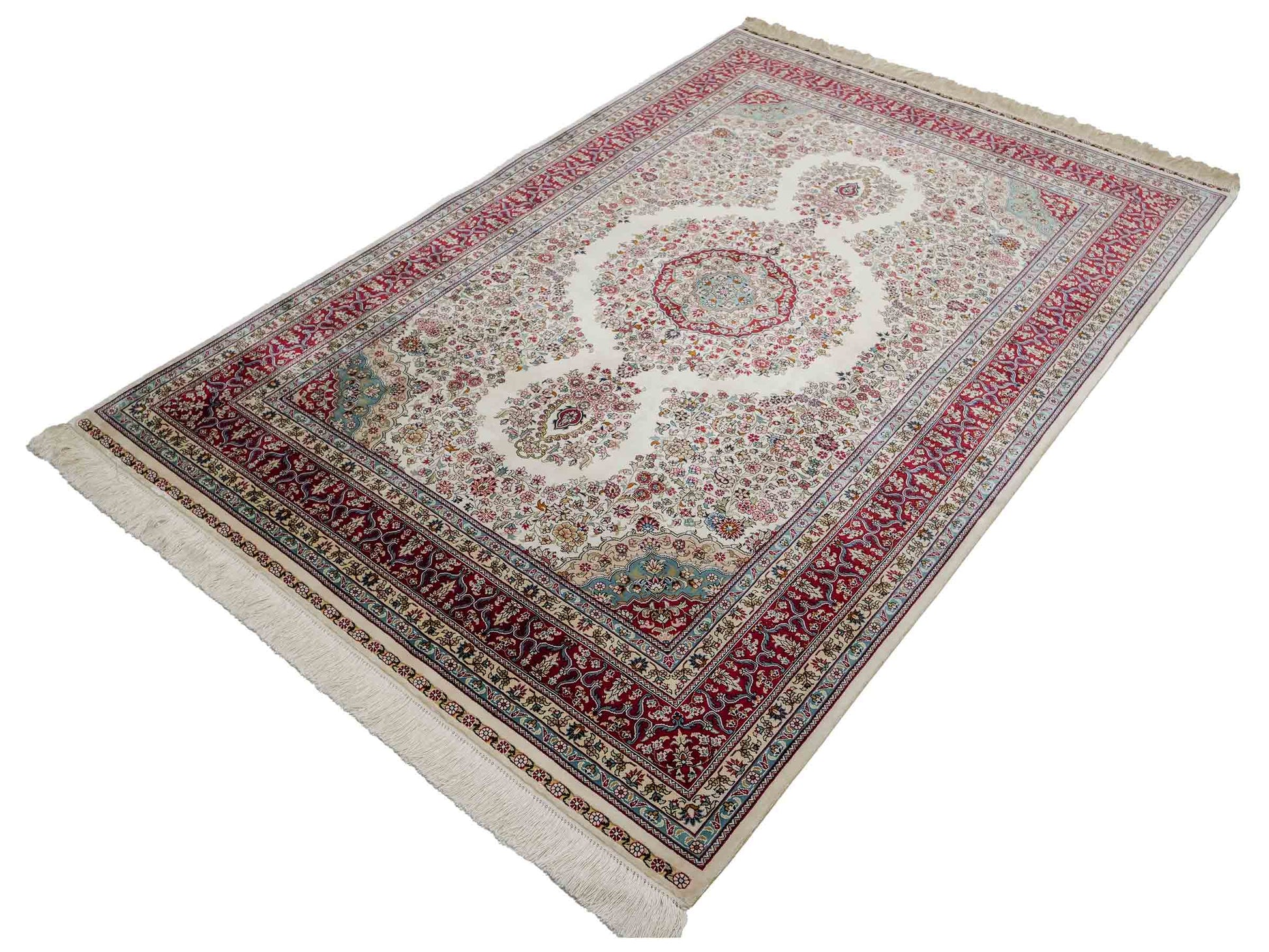 Sehr feiner, handgeknüpfter Khademi Orientteppich mit Hereke Design aus reiner Seide, creme, weiß, rot. 194x124 cm. Vertrieb durch Jupiter Intl.