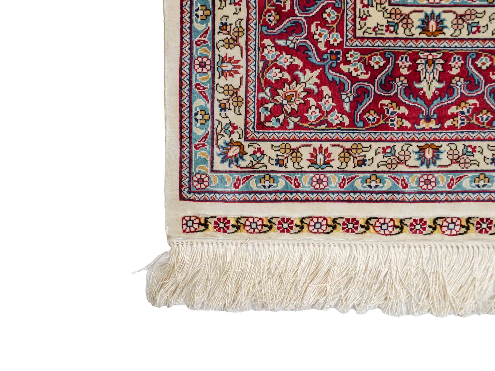 Sehr feiner, handgeknüpfter Khademi Orientteppich mit Hereke Design aus reiner Seide, creme, weiß, rot. 194x124 cm. Vertrieb durch Jupiter Intl.