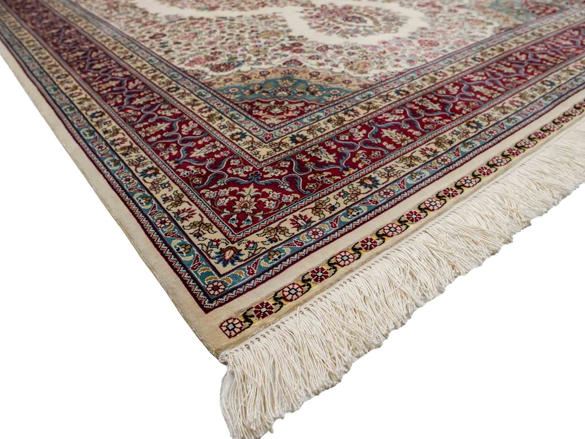 Sehr feiner, handgeknüpfter Khademi Orientteppich mit Hereke Design aus reiner Seide, creme, weiß, rot. 194x124 cm. Vertrieb durch Jupiter Intl.