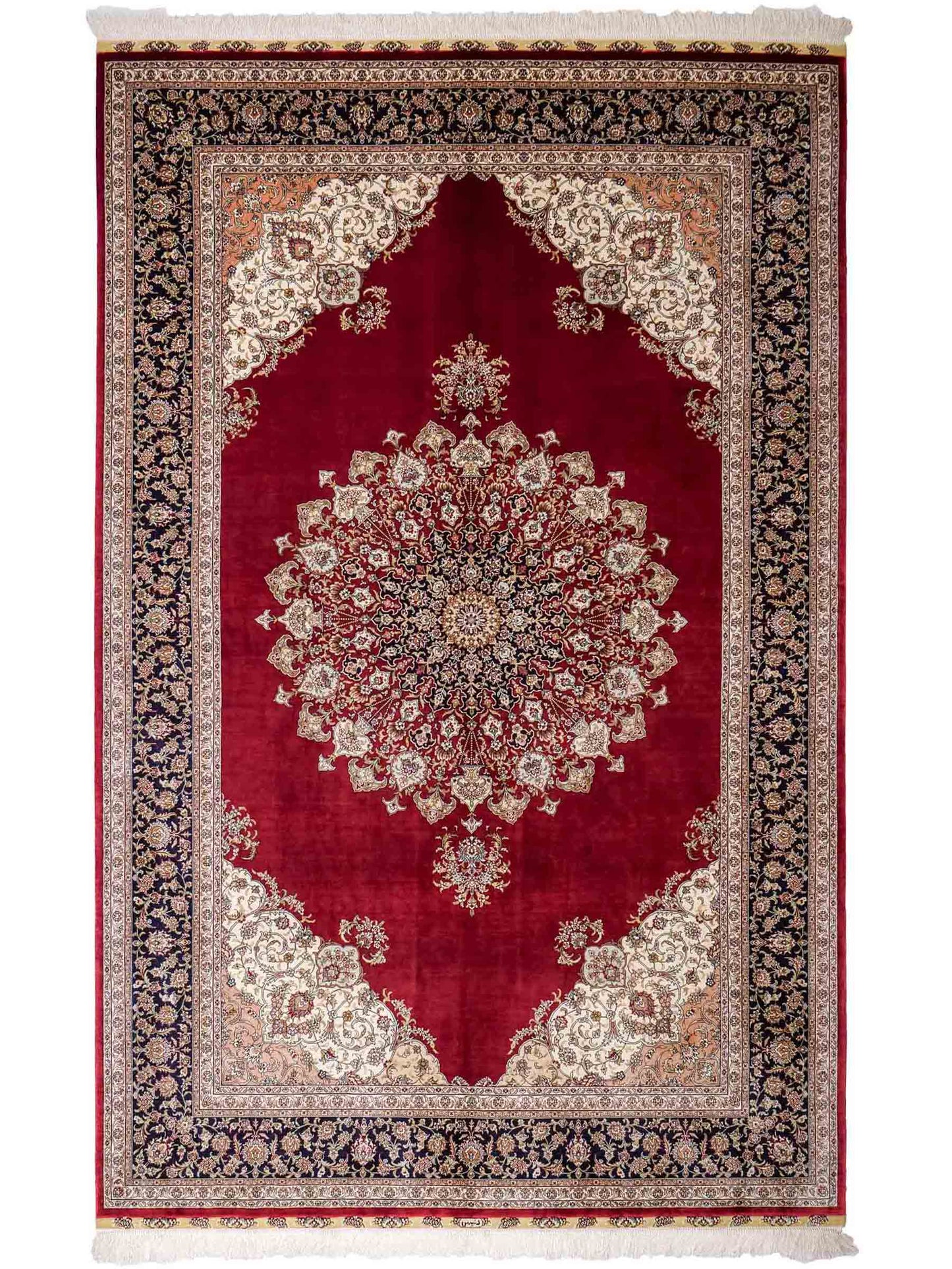Sehr feiner, handgeknüpfter Khademi Orientteppich mit Hereke Design aus reiner Seide, rot, blau, creme. 248x155 cm. Vertrieb durch Jupiter Intl.