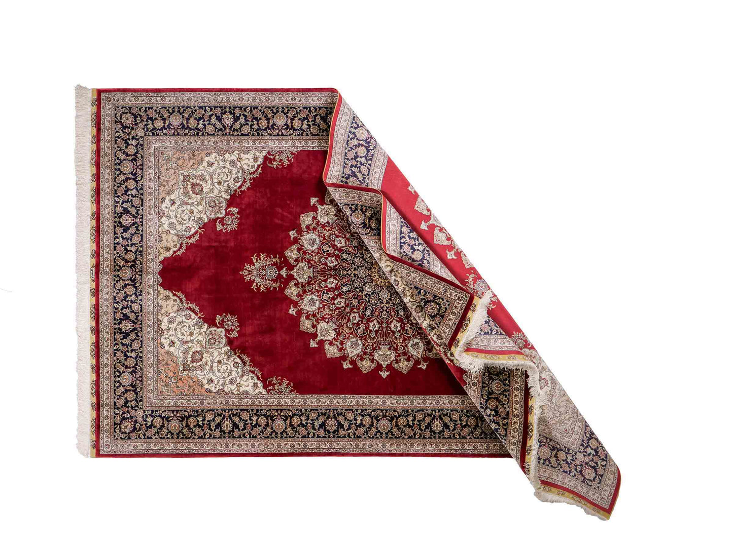 Sehr feiner, handgeknüpfter Khademi Orientteppich mit Hereke Design aus reiner Seide, rot, blau, creme. 248x155 cm. Vertrieb durch Jupiter Intl.