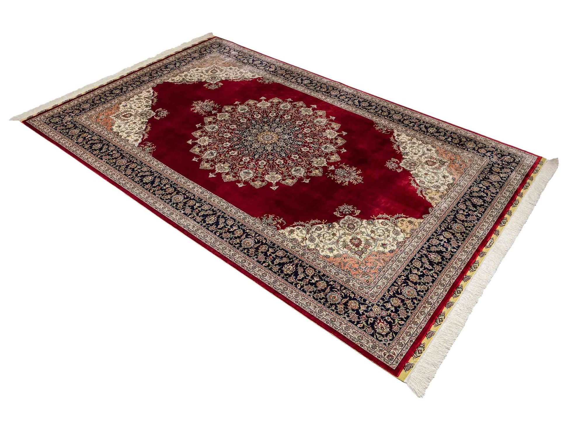 Sehr feiner, handgeknüpfter Khademi Orientteppich mit Hereke Design aus reiner Seide, rot, blau, creme. 248x155 cm. Vertrieb durch Jupiter Intl.