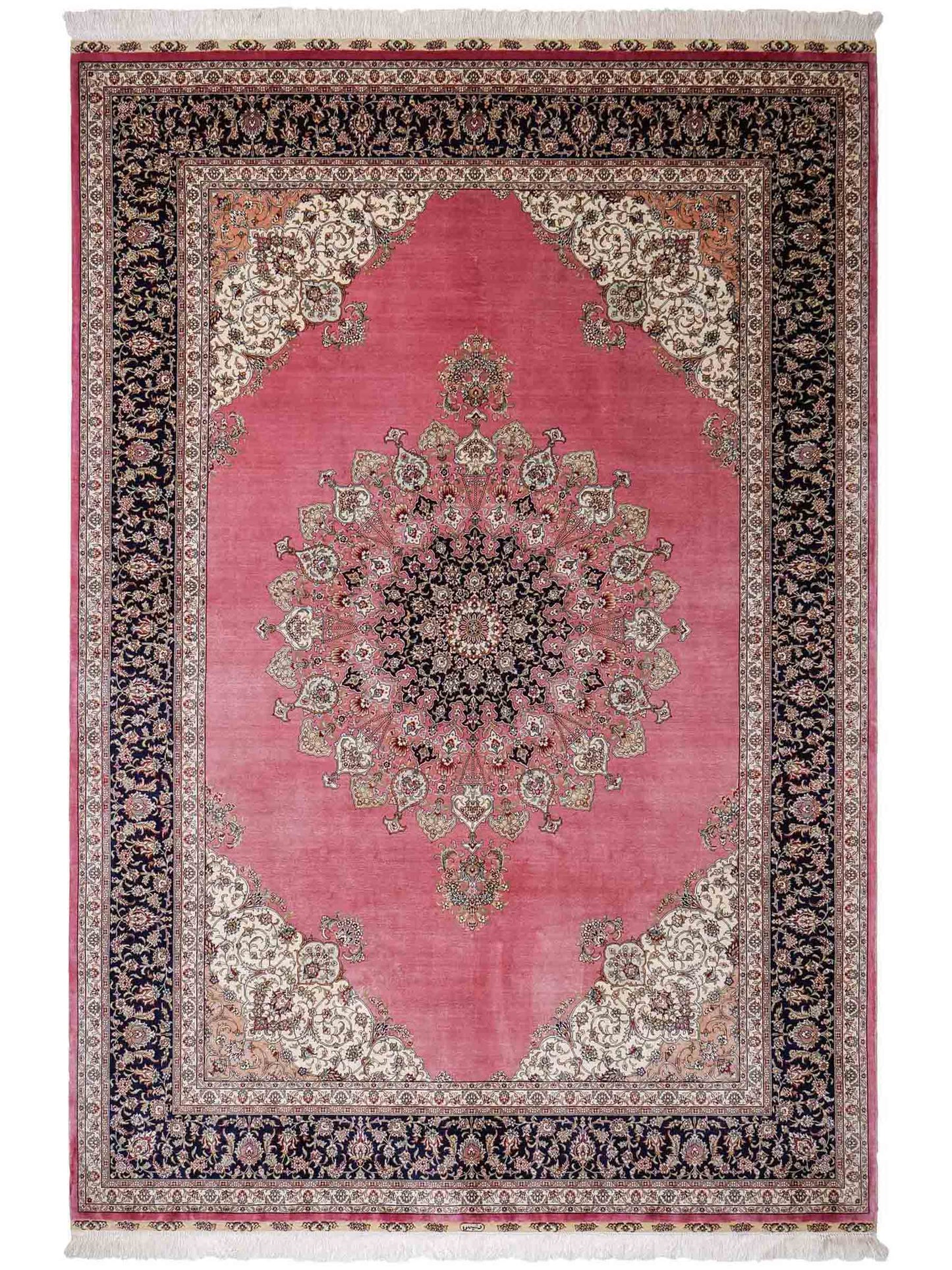 Sehr feiner, handgeknüpfter Khademi Orientteppich mit Hereke Design aus reiner Seide, rosa, blau. 249x171 cm. Vertrieb durch Jupiter Intl.