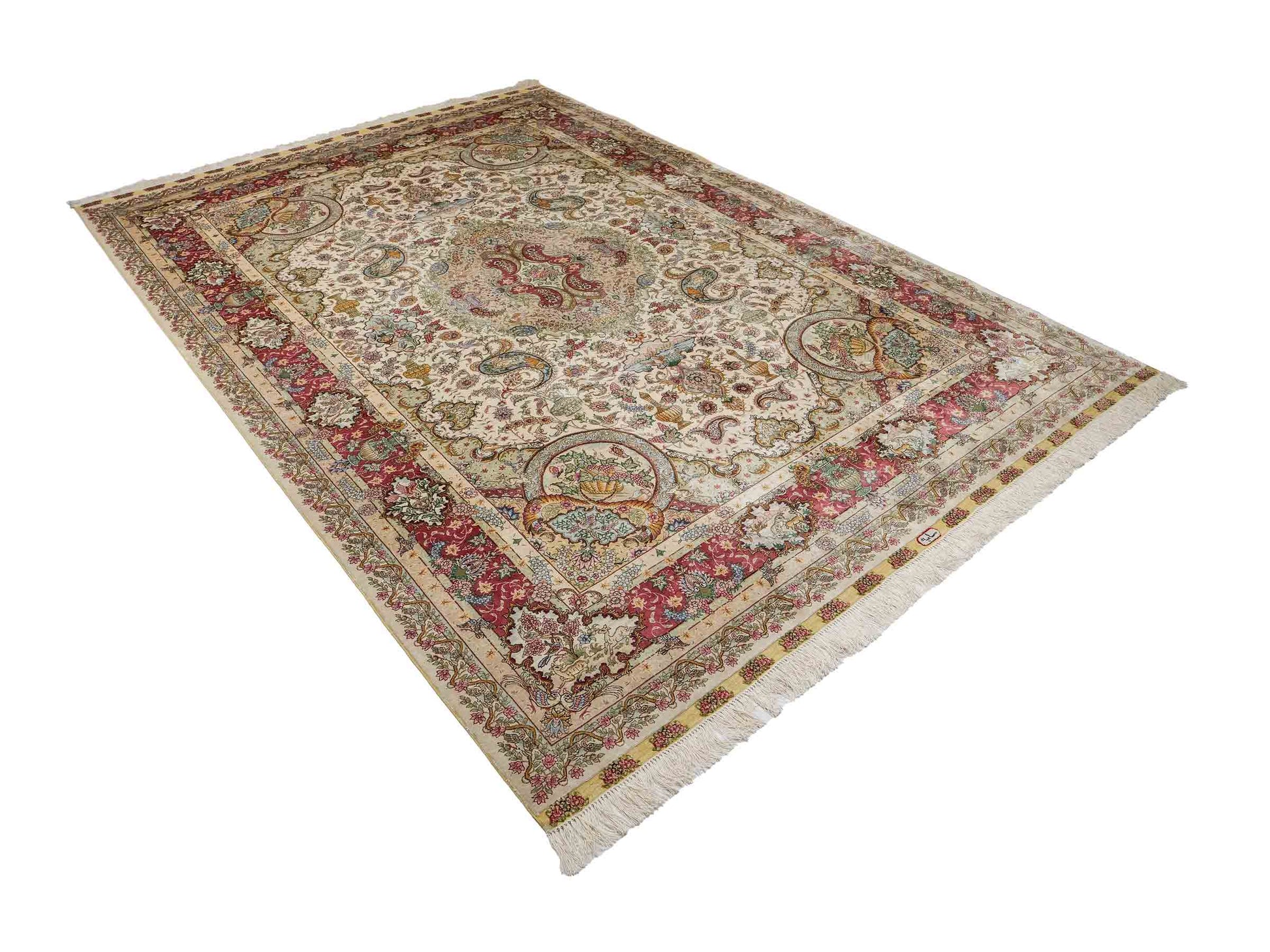Sehr feiner, handgeknüpfter Khademi Orientteppich mit Hereke Design aus reiner Seide, creme, rosa, weiß. 276x189 cm. Vertrieb durch Jupiter Intl.