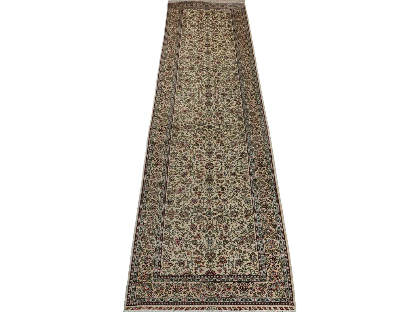 Sehr feiner, handgeknüpfter Khademi Orientteppich Läufer mit Hereke Design aus purer Seide, creme, weiß, beige. 304x76 cm. Vertrieb durch Jupiter Intl.