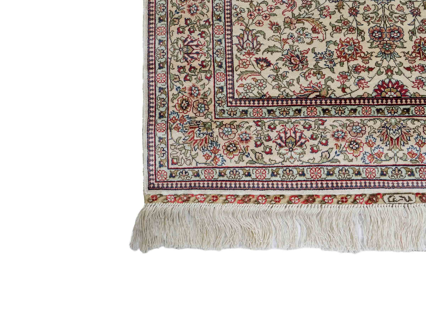 Sehr feiner, handgeknüpfter Khademi Orientteppich Läufer mit Hereke Design aus purer Seide, creme, weiß, beige. 304x76 cm. Vertrieb durch Jupiter Intl.