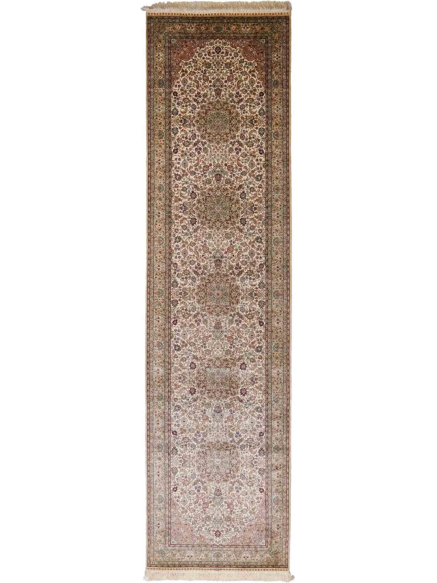 Sehr feiner, handgeknüpfter Khademi Orientteppich mit Hereke Design aus purer Seide, creme, weiß, beige. 307x79 cm. Vertrieb durch Jupiter Intl.