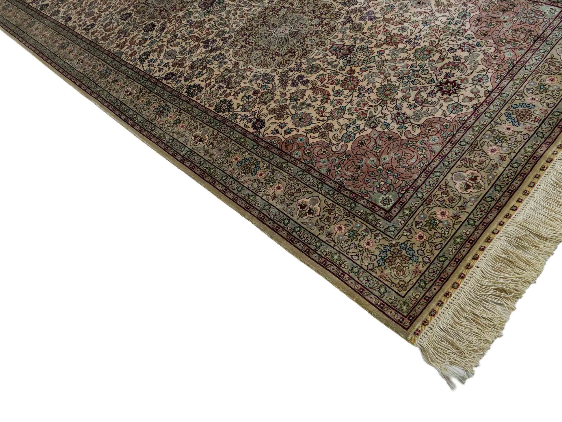 Sehr feiner, handgeknüpfter Khademi Orientteppich mit Hereke Design aus purer Seide, creme, weiß, beige. 307x79 cm. Vertrieb durch Jupiter Intl.