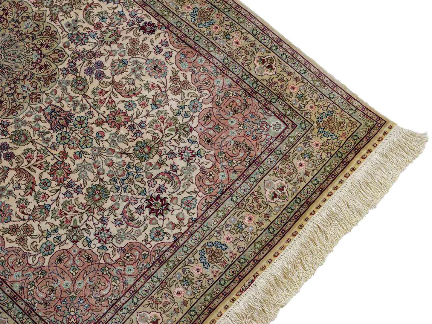 Sehr feiner, handgeknüpfter Khademi Orientteppich mit Hereke Design aus purer Seide, creme, weiß, beige. 307x79 cm. Vertrieb durch Jupiter Intl.