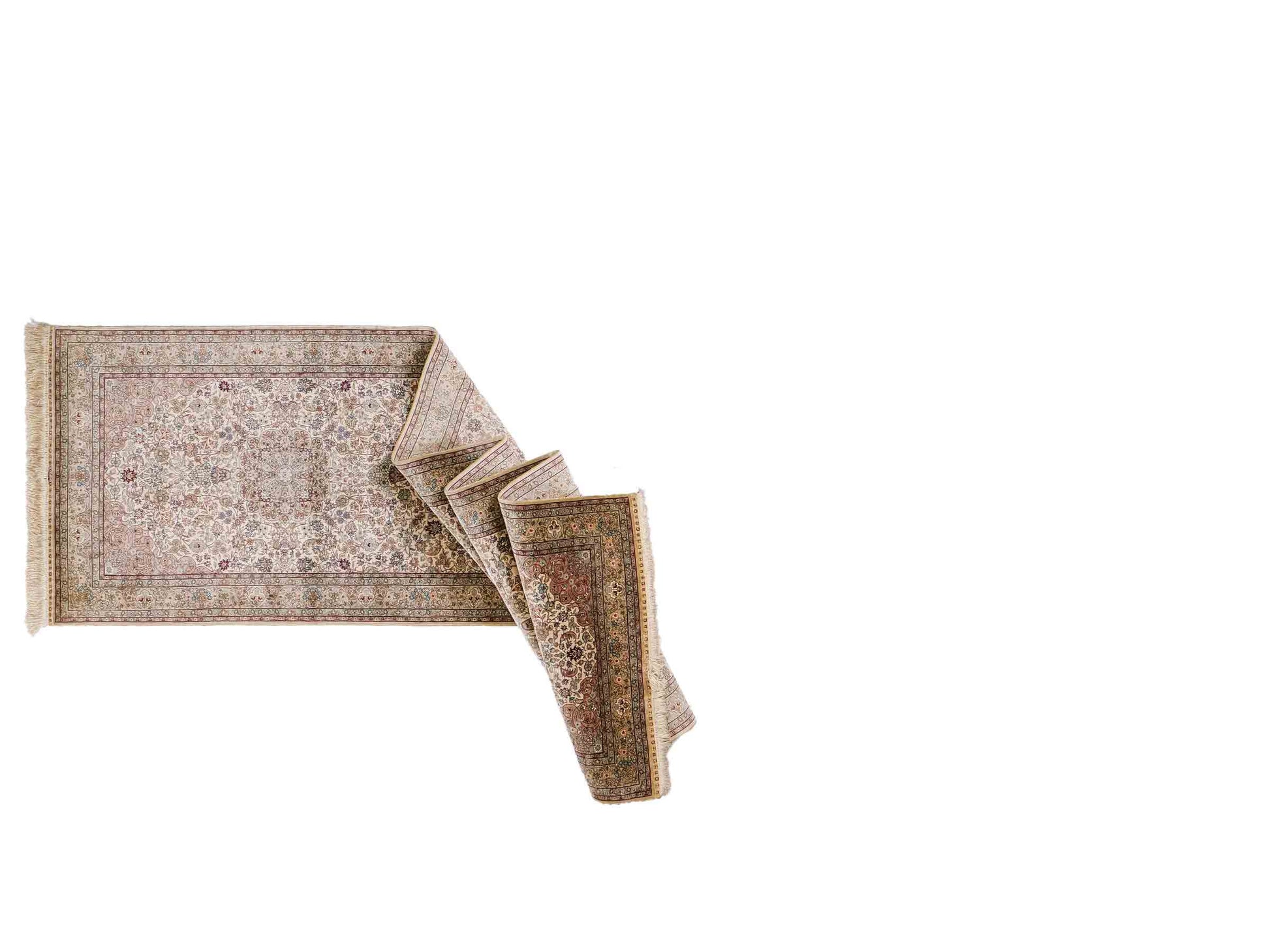 Sehr feiner, handgeknüpfter Khademi Orientteppich mit Hereke Design aus purer Seide, creme, weiß, beige. 307x79 cm. Vertrieb durch Jupiter Intl.
