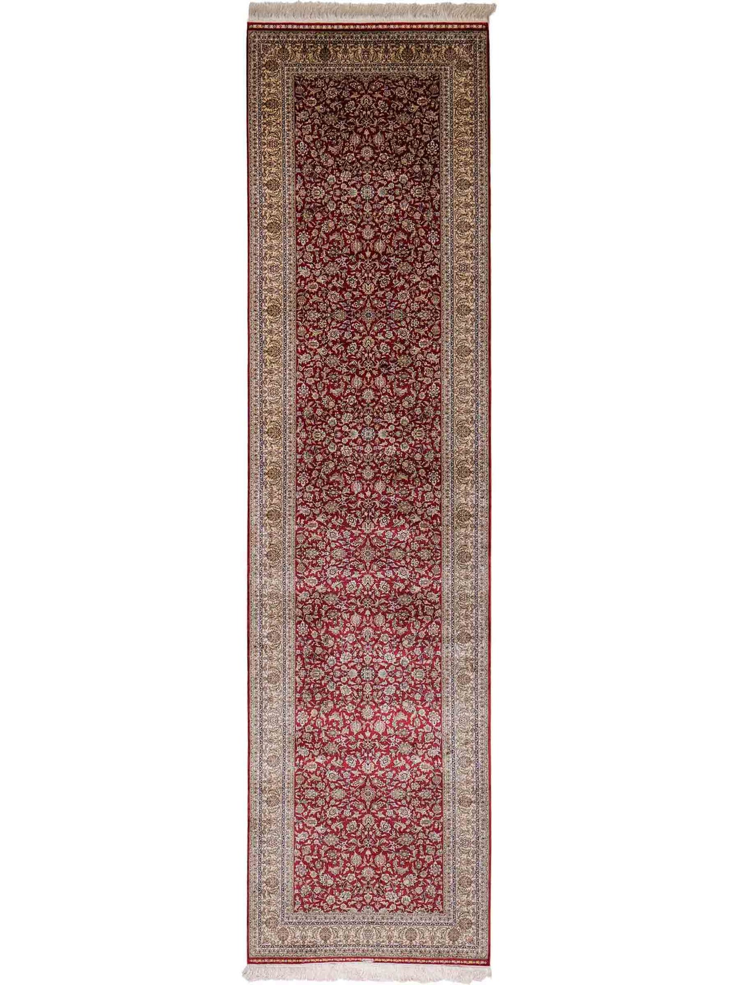 Sehr feiner, handgeknüpfter Khademi Orientteppich mit Hereke Design aus purer Seide, rot, creme, weiß. 308x79 cm. Vertrieb durch Jupiter Intl.