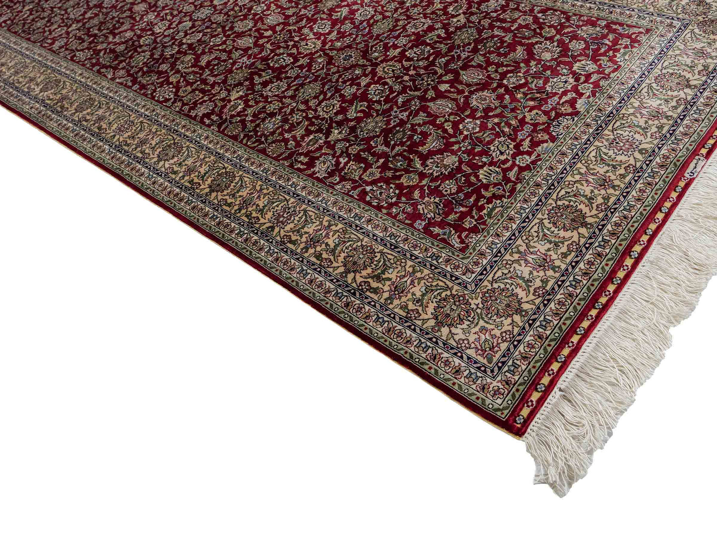 Sehr feiner, handgeknüpfter Khademi Orientteppich mit Hereke Design aus purer Seide, rot, creme, weiß. 308x79 cm. Vertrieb durch Jupiter Intl.