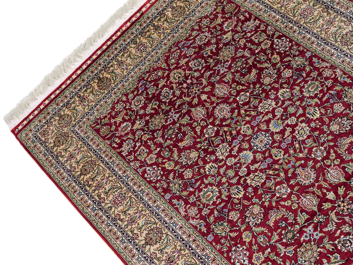 Sehr feiner, handgeknüpfter Khademi Orientteppich mit Hereke Design aus purer Seide, rot, creme, weiß. 308x79 cm. Vertrieb durch Jupiter Intl.