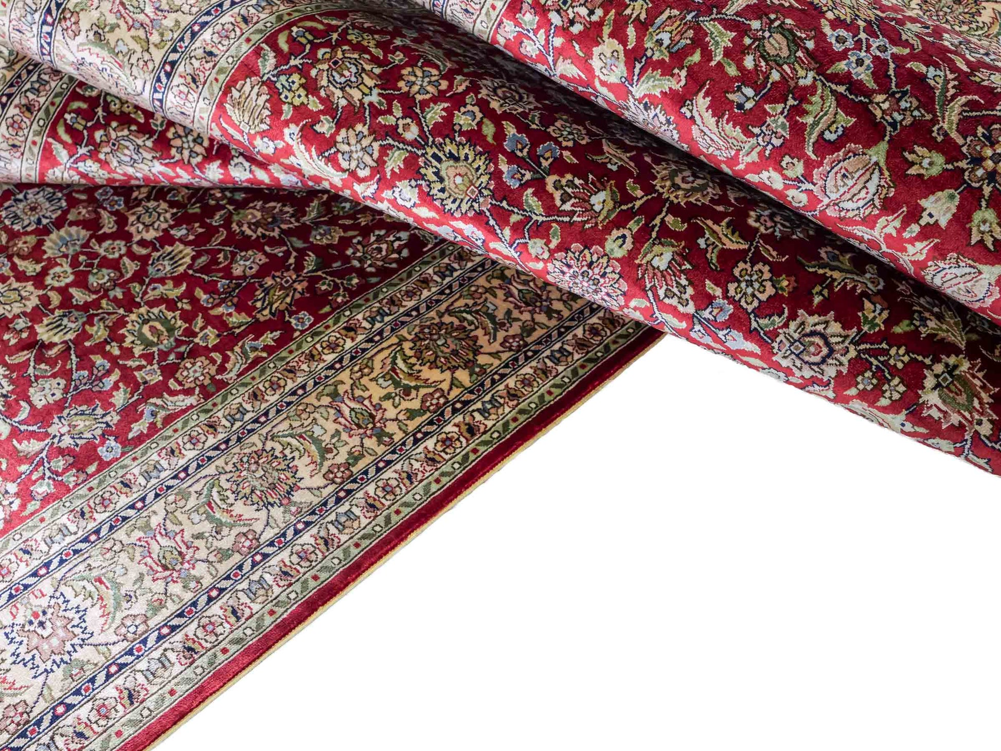 Sehr feiner, handgeknüpfter Khademi Orientteppich mit Hereke Design aus purer Seide, rot, creme, weiß. 308x79 cm. Vertrieb durch Jupiter Intl.