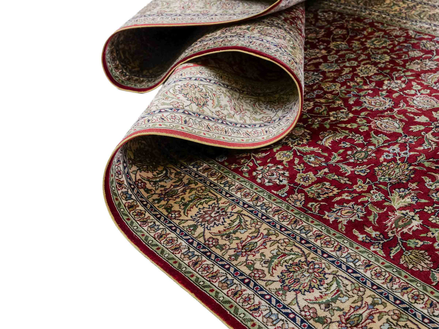 Sehr feiner, handgeknüpfter Khademi Orientteppich mit Hereke Design aus purer Seide, rot, creme, weiß. 308x79 cm. Vertrieb durch Jupiter Intl.