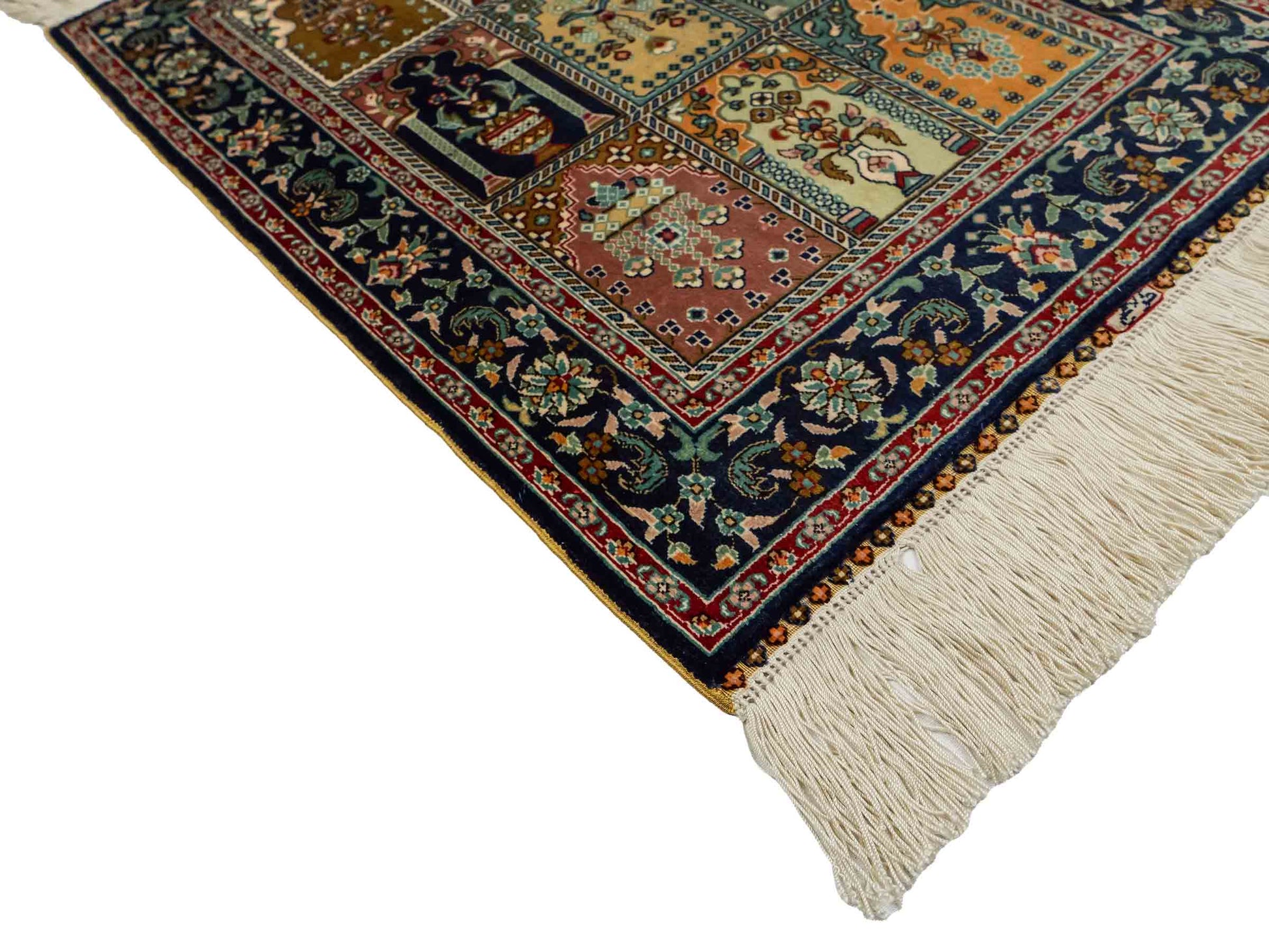 Sehr feiner, handgeknüpfter Khademi Orientteppich aus reiner Seide mit Hereke Design, blau, multicolor. 61x47 cm. Vertrieb durch Jupiter Intl.