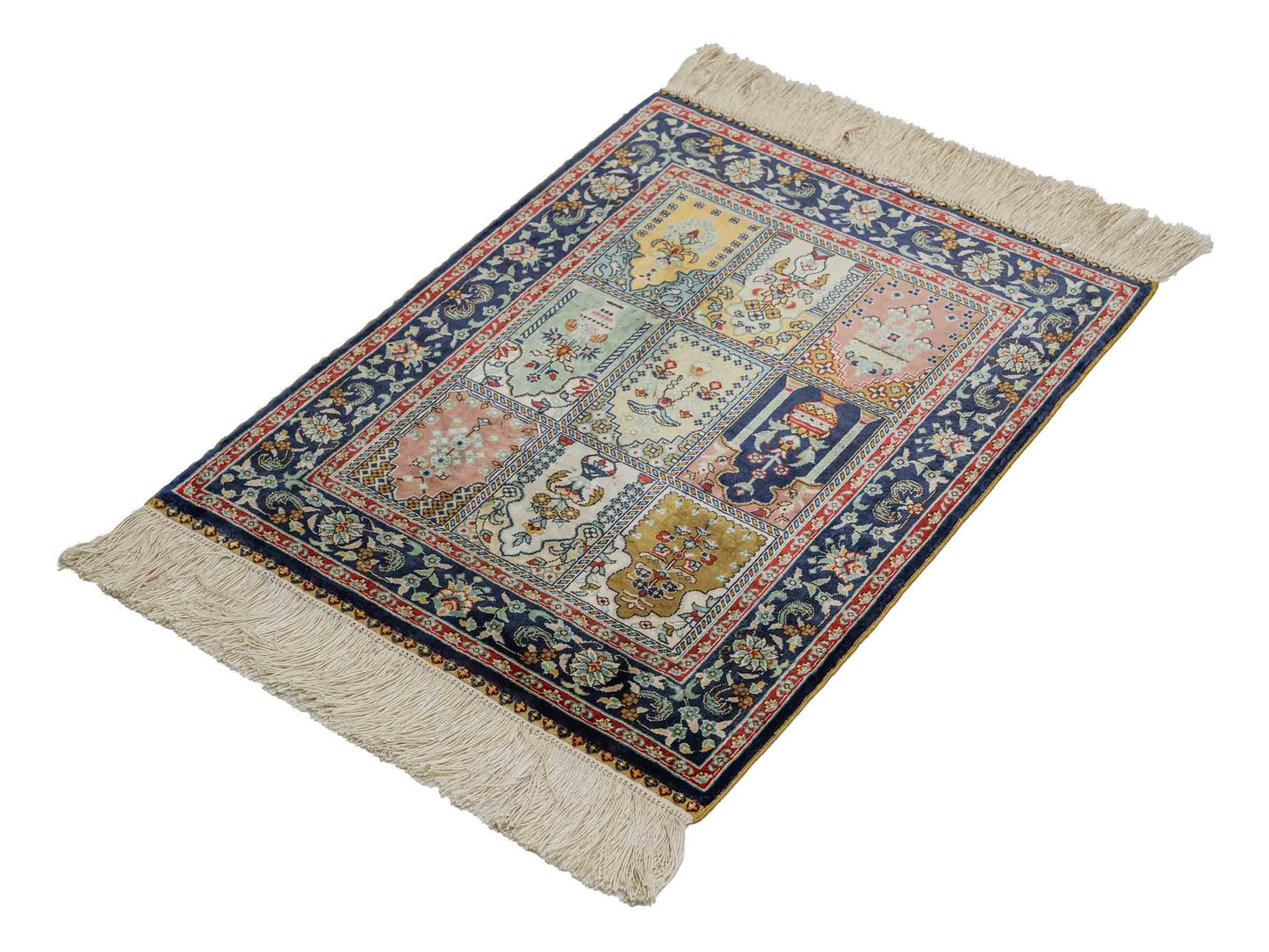 Sehr feiner, handgeknüpfter Khademi Orientteppich aus reiner Seide mit Hereke Design, blau, multicolor. 61x47 cm. Vertrieb durch Jupiter Intl.