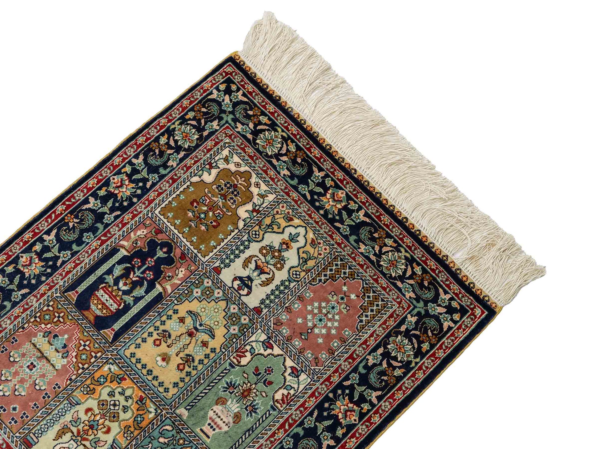 Sehr feiner, handgeknüpfter Khademi Orientteppich aus reiner Seide mit Hereke Design, blau, multicolor. 61x47 cm. Vertrieb durch Jupiter Intl.