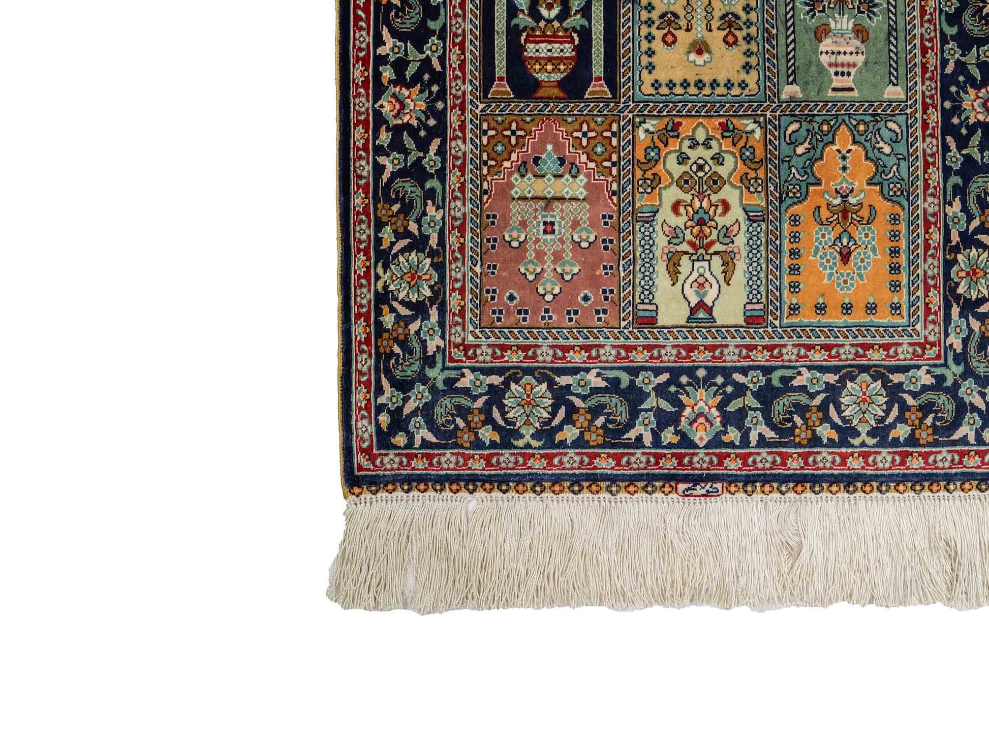 Sehr feiner, handgeknüpfter Khademi Orientteppich aus reiner Seide mit Hereke Design, blau, multicolor. 61x47 cm. Vertrieb durch Jupiter Intl.