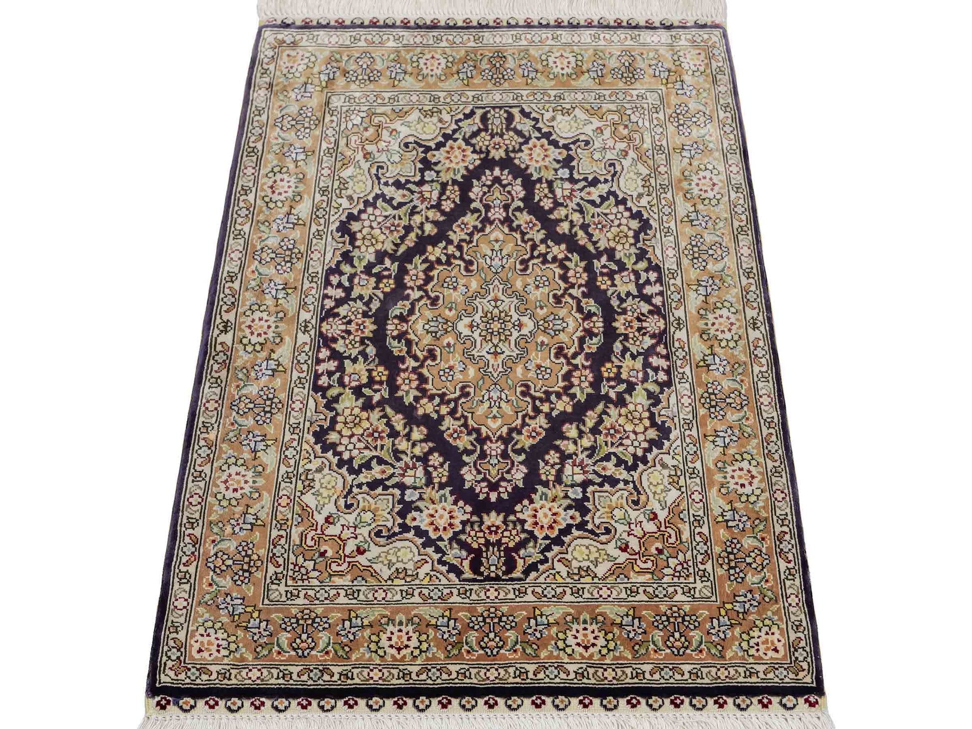 Sehr feiner, handgeknüpfter Khademi Orientteppich mit Hereke Design aus reiner Seide, blau, beige. 61x47 cm. Vertrieb durch Jupiter Intl.