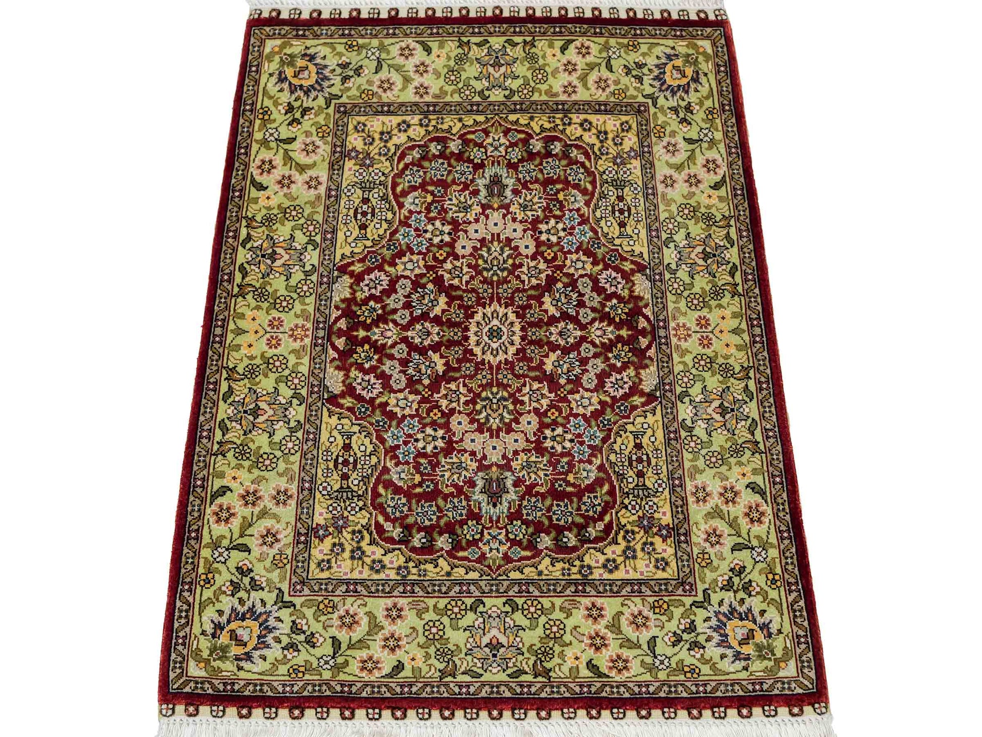 Sehr feiner, handgeknüpfter Khademi Orientteppich mit Hereke Design aus reiner Seide, rot, grün. 62x47 cm. Vertrieb durch Jupiter Intl.