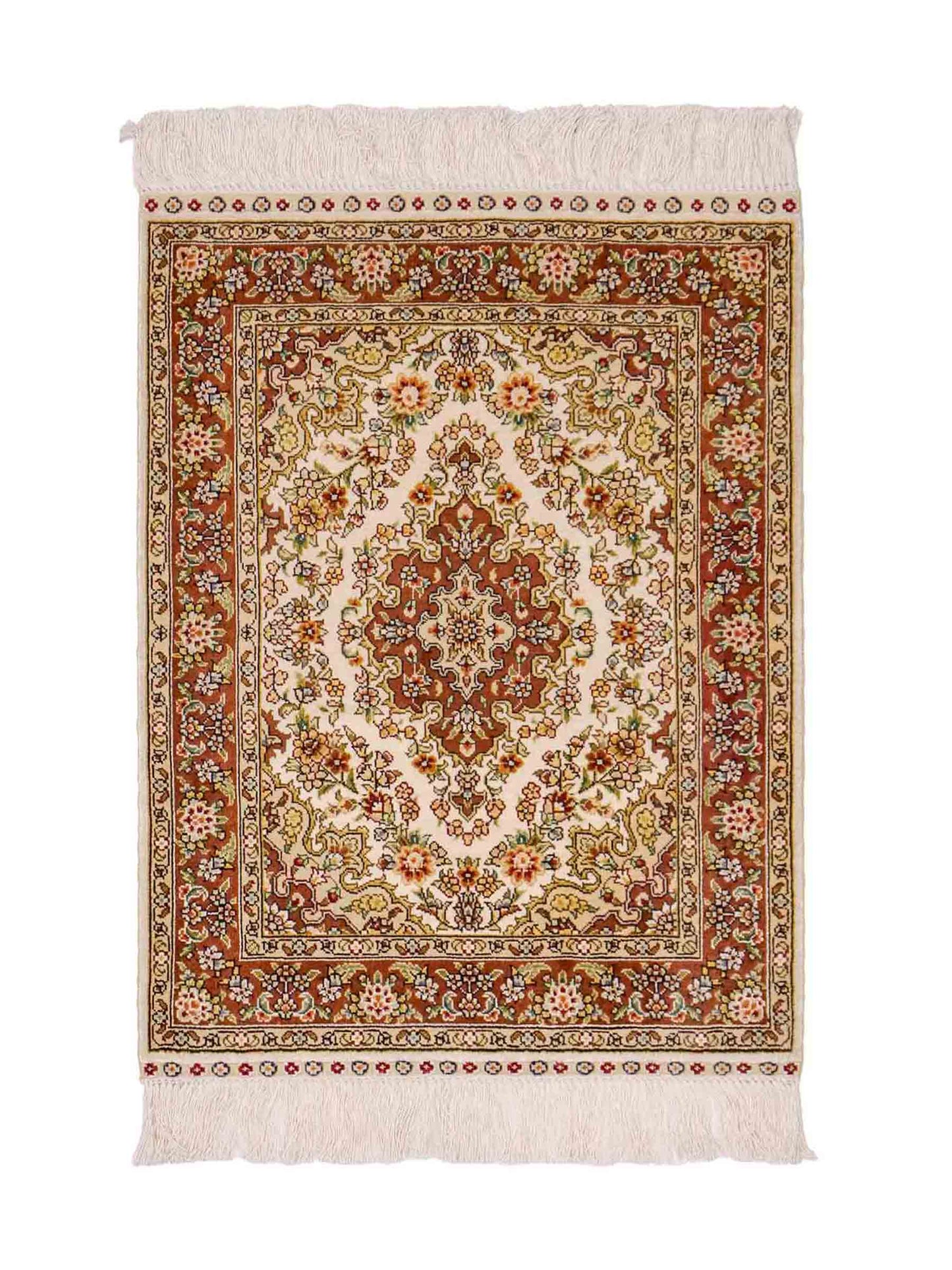 Sehr feiner, handgeknüpfter Khademi Orientteppich mit Hereke Design aus reiner Seide, creme, weiß, rosa. 62x47 cm. Vertrieb durch Jupiter Intl.