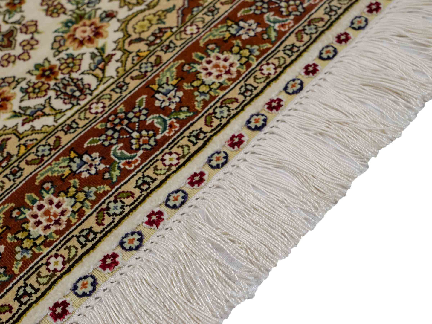 Sehr feiner, handgeknüpfter Khademi Orientteppich mit Hereke Design aus reiner Seide, creme, weiß, rosa. 62x47 cm. Vertrieb durch Jupiter Intl.