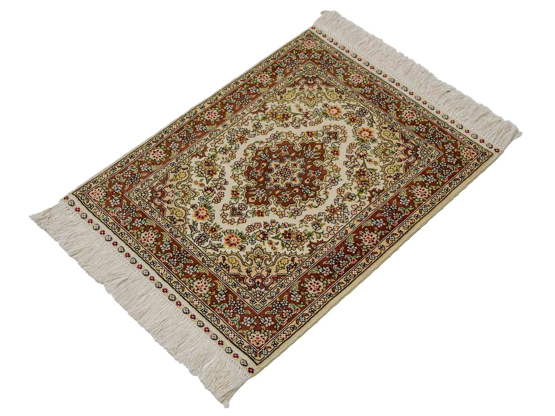 Sehr feiner, handgeknüpfter Khademi Orientteppich mit Hereke Design aus reiner Seide, creme, weiß, rosa. 62x47 cm. Vertrieb durch Jupiter Intl.