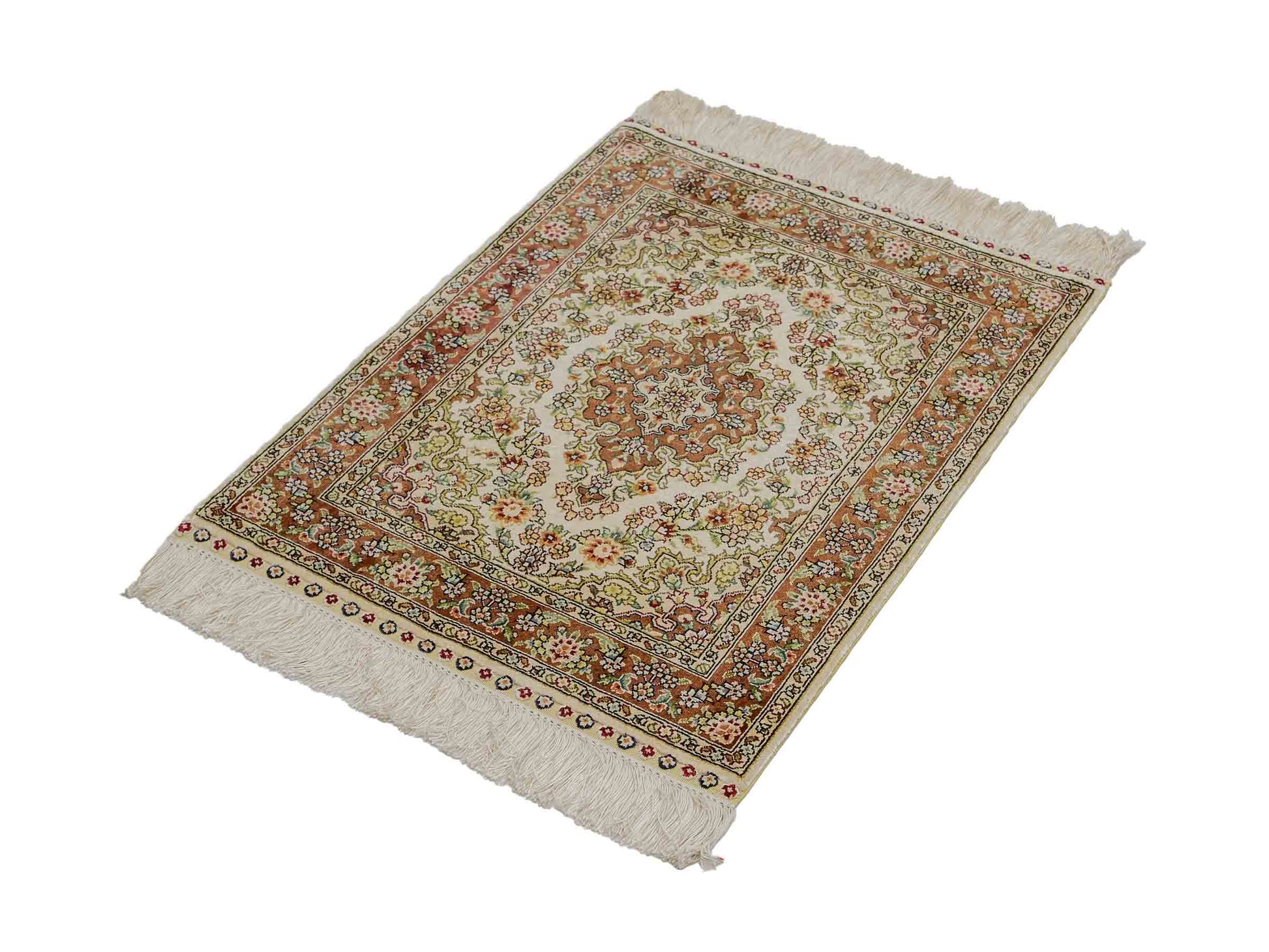 Sehr feiner, handgeknüpfter Khademi Orientteppich mit Hereke Design aus reiner Seide, creme, weiß, rosa. 62x47 cm. Vertrieb durch Jupiter Intl.