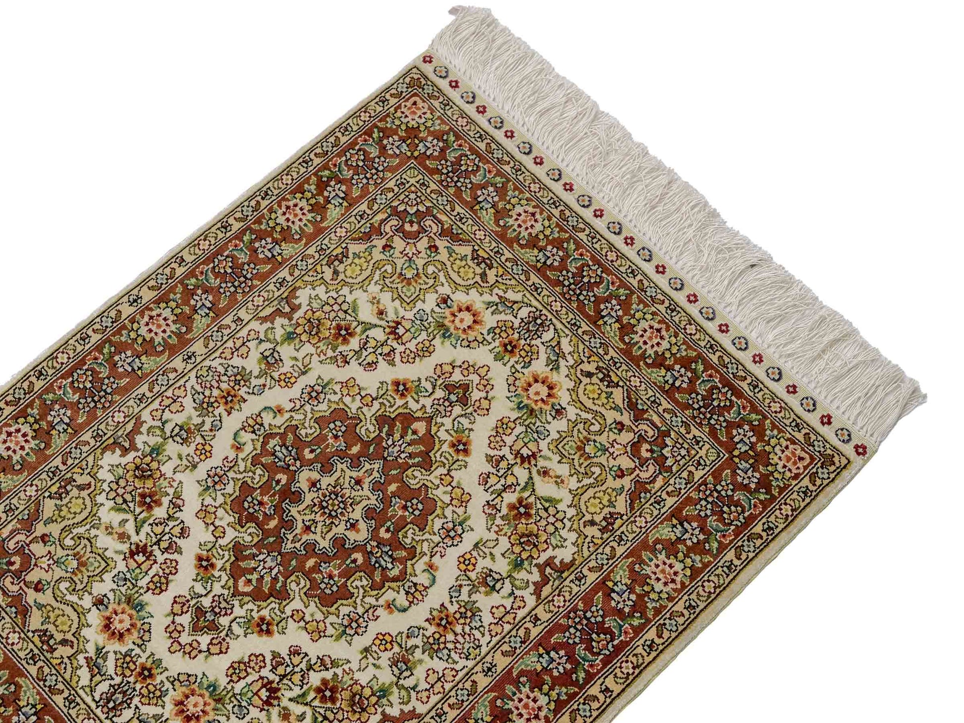 Sehr feiner, handgeknüpfter Khademi Orientteppich mit Hereke Design aus reiner Seide, creme, weiß, rosa. 62x47 cm. Vertrieb durch Jupiter Intl.
