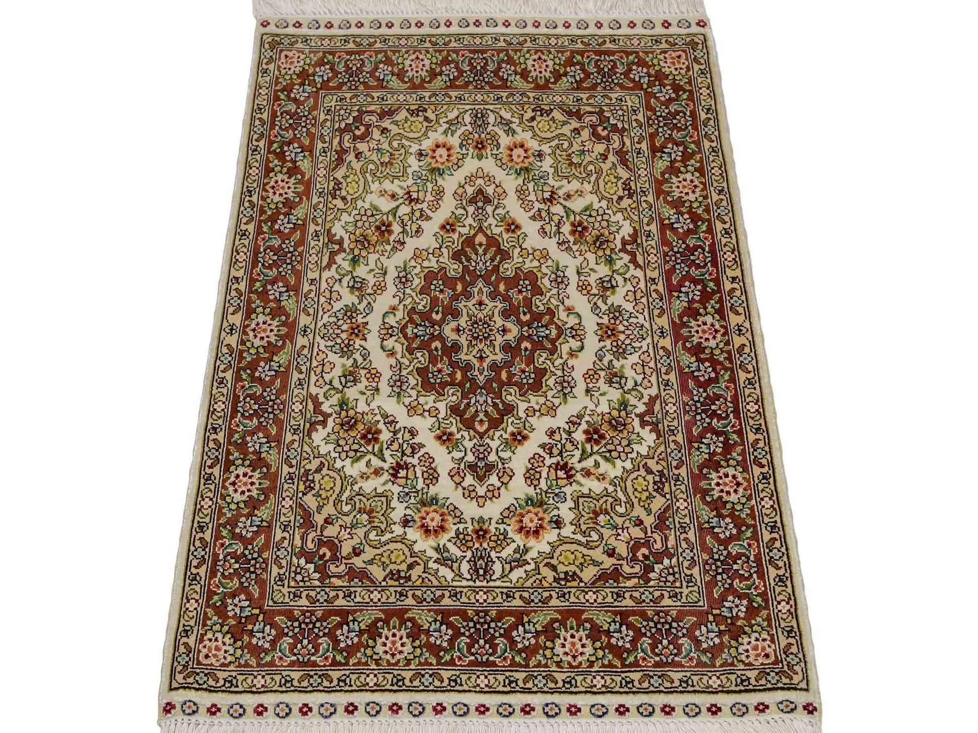 Sehr feiner, handgeknüpfter Khademi Orientteppich mit Hereke Design aus reiner Seide, creme, weiß, rosa. 62x47 cm. Vertrieb durch Jupiter Intl.