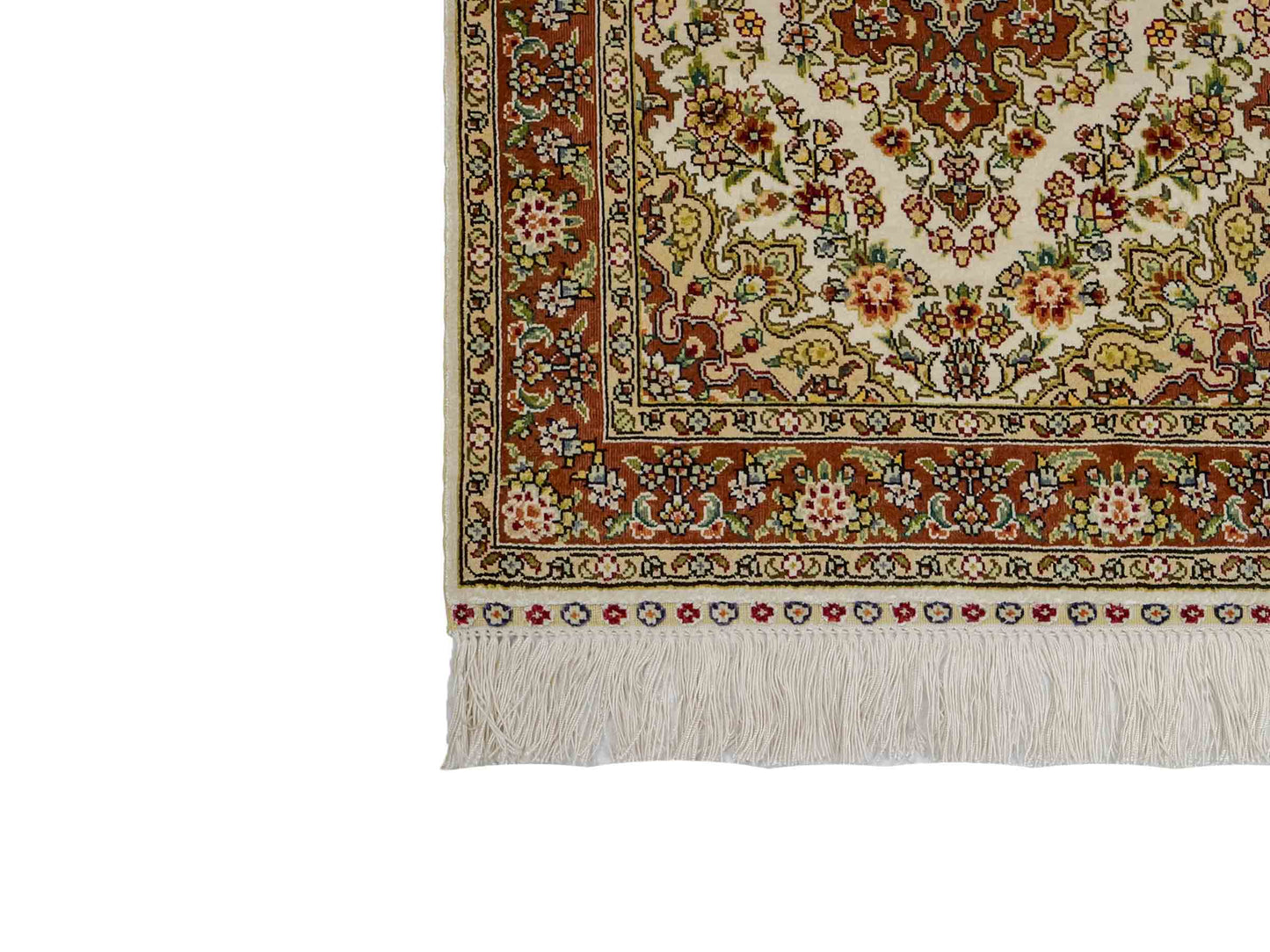 Sehr feiner, handgeknüpfter Khademi Orientteppich mit Hereke Design aus reiner Seide, creme, weiß, rosa. 62x47 cm. Vertrieb durch Jupiter Intl.