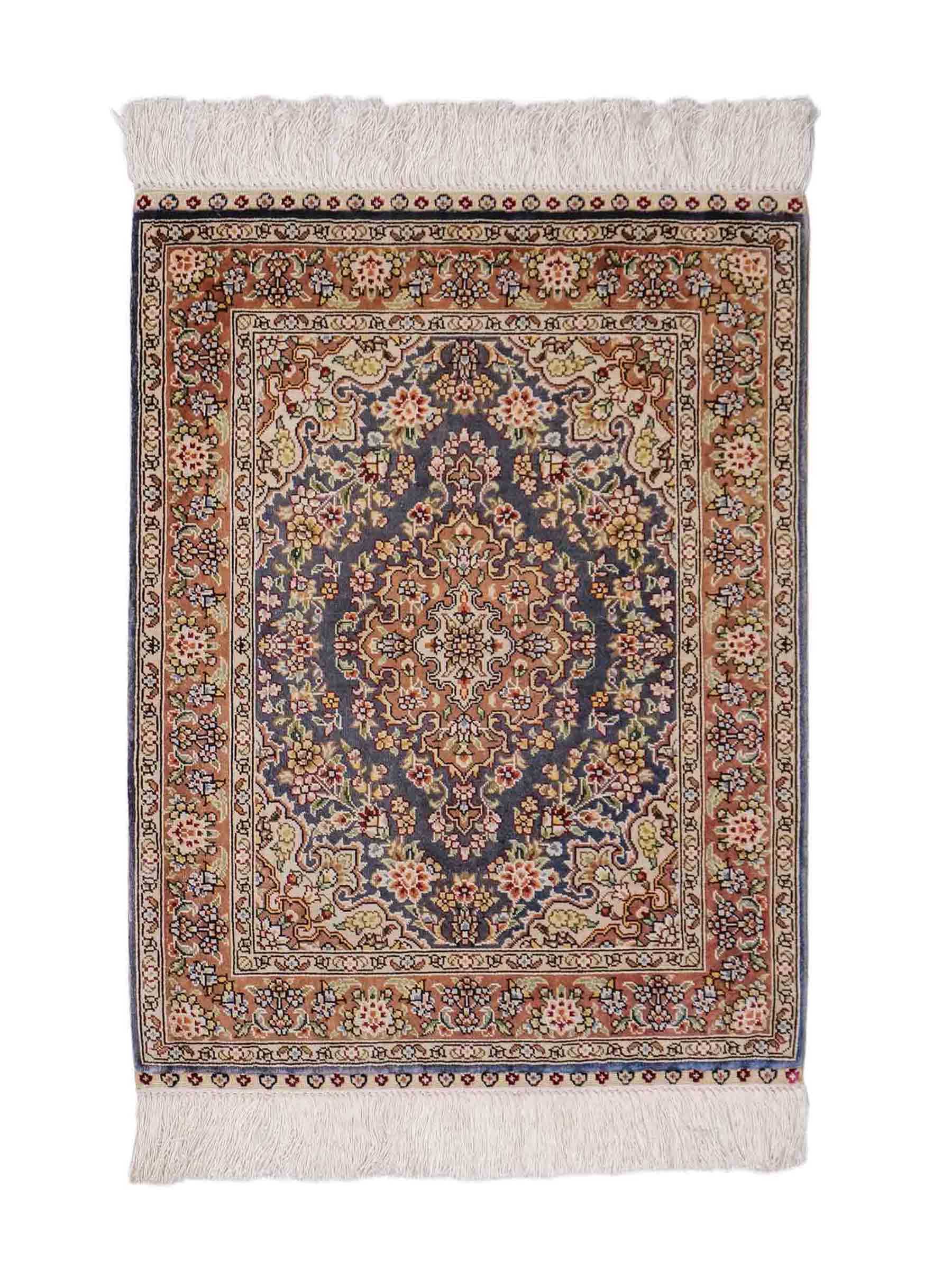Sehr feiner, handgeknüpfter Khademi Orientteppich mit Hereke Design aus reiner Seide, blau, braun. 62x47 cm. Vertrieb durch Jupiter Intl.
