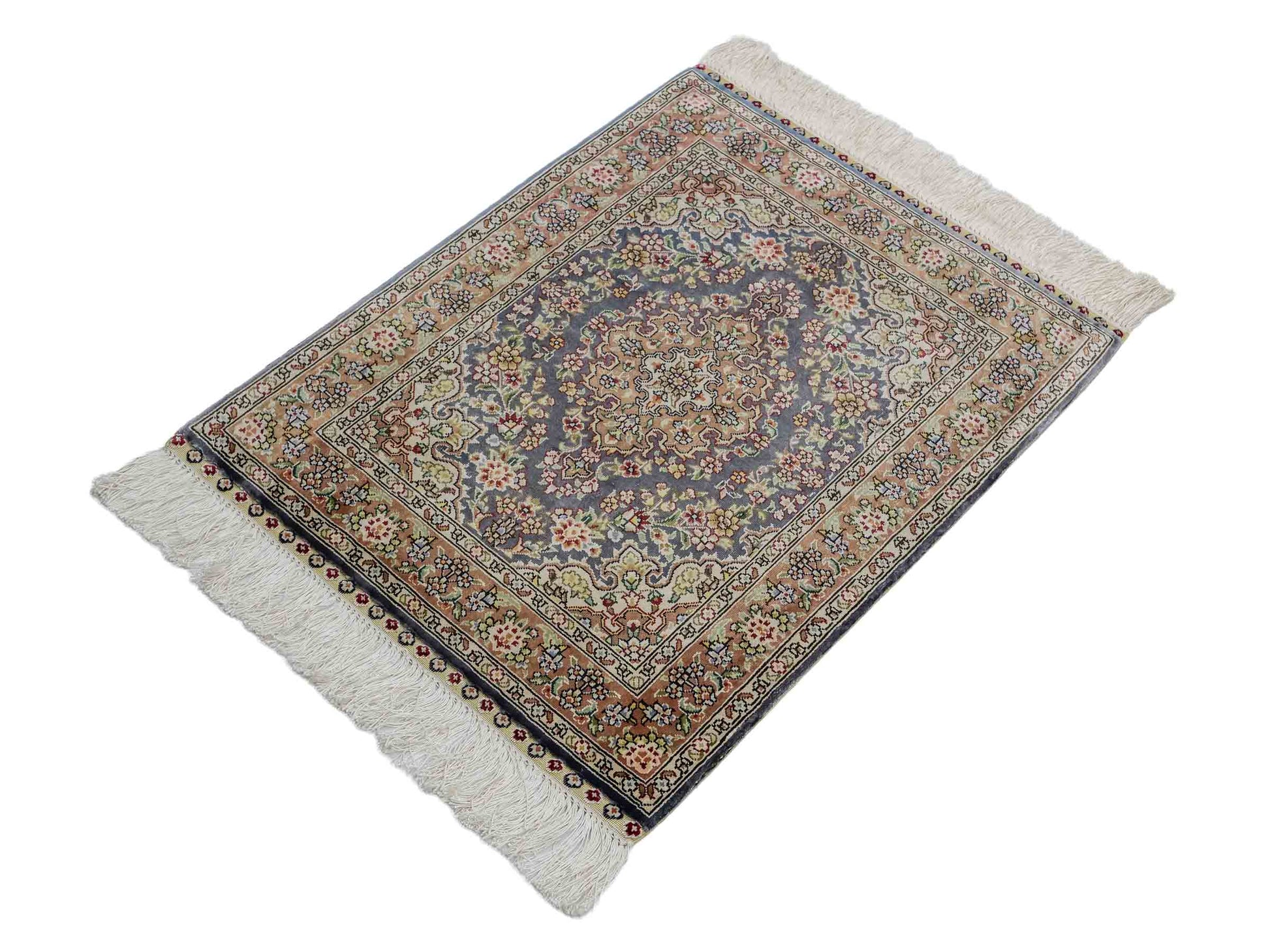 Sehr feiner, handgeknüpfter Khademi Orientteppich mit Hereke Design aus reiner Seide, blau, braun. 62x47 cm. Vertrieb durch Jupiter Intl.