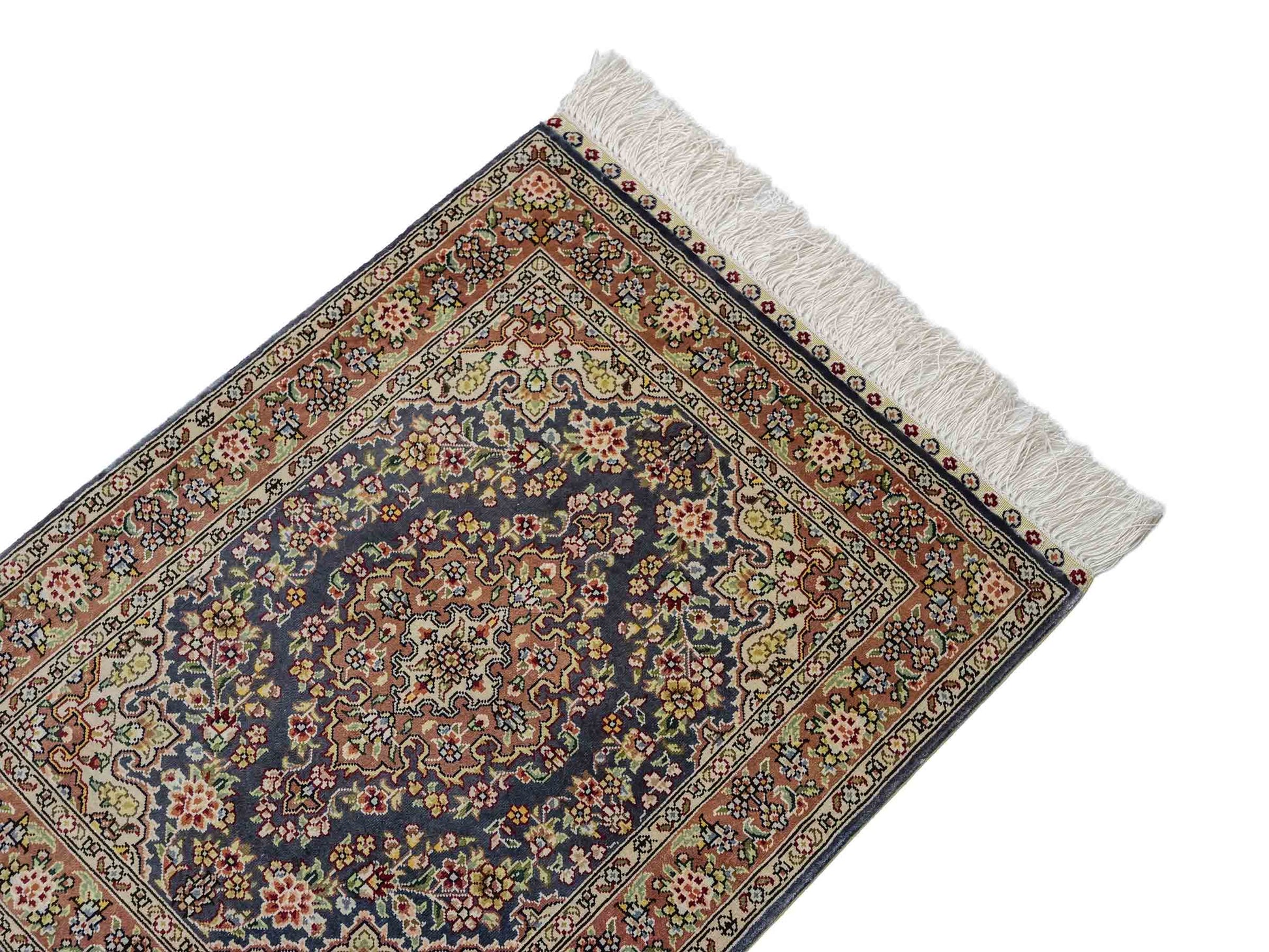 Sehr feiner, handgeknüpfter Khademi Orientteppich mit Hereke Design aus reiner Seide, blau, braun. 62x47 cm. Vertrieb durch Jupiter Intl.