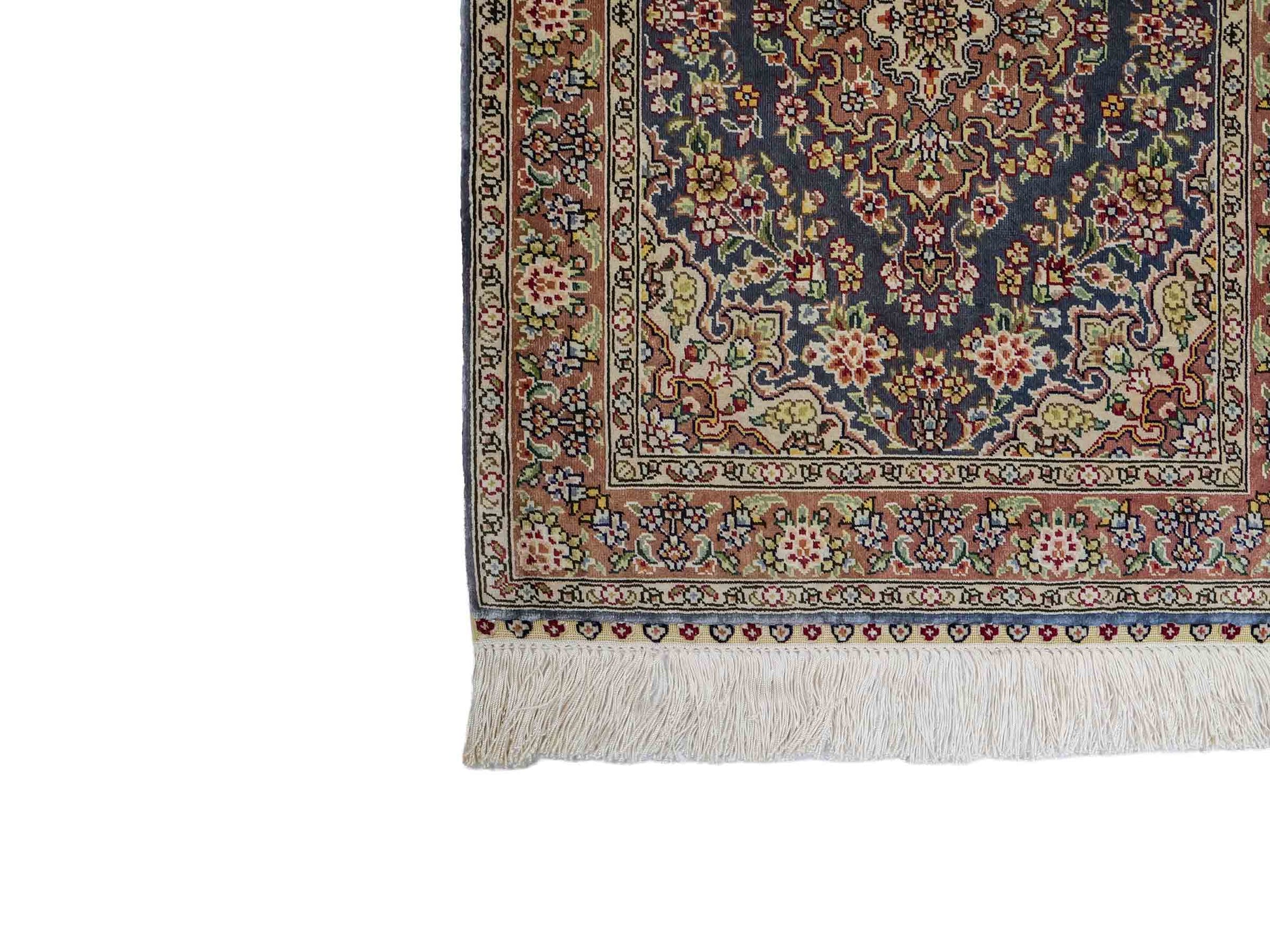 Sehr feiner, handgeknüpfter Khademi Orientteppich mit Hereke Design aus reiner Seide, blau, braun. 62x47 cm. Vertrieb durch Jupiter Intl.