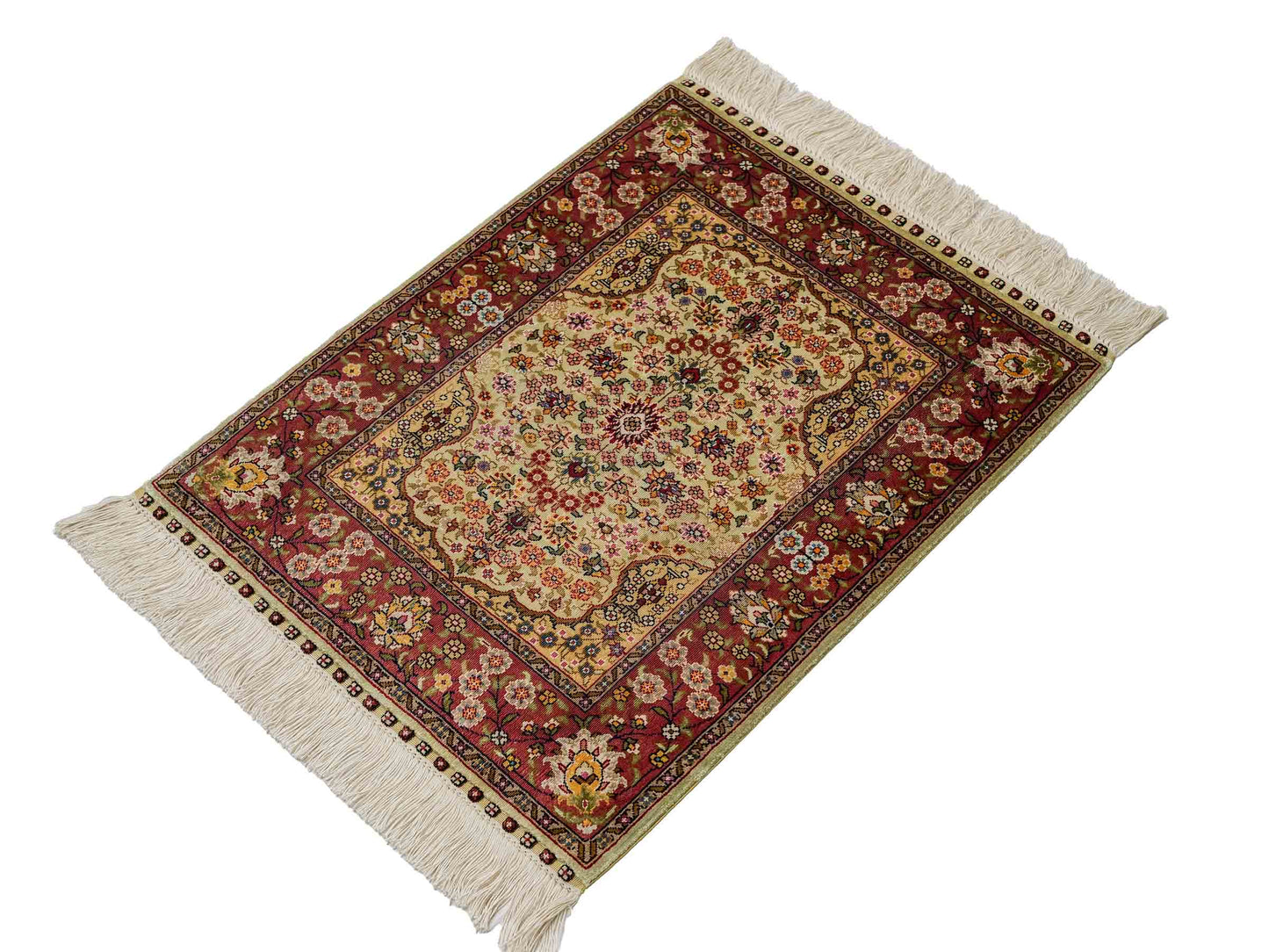 Sehr feiner, handgeknüpfter Khademi Orientteppich mit Hereke Design aus reiner Seide, creme, oliv, rosa. 62x48 cm. Vertrieb durch Jupiter Intl.