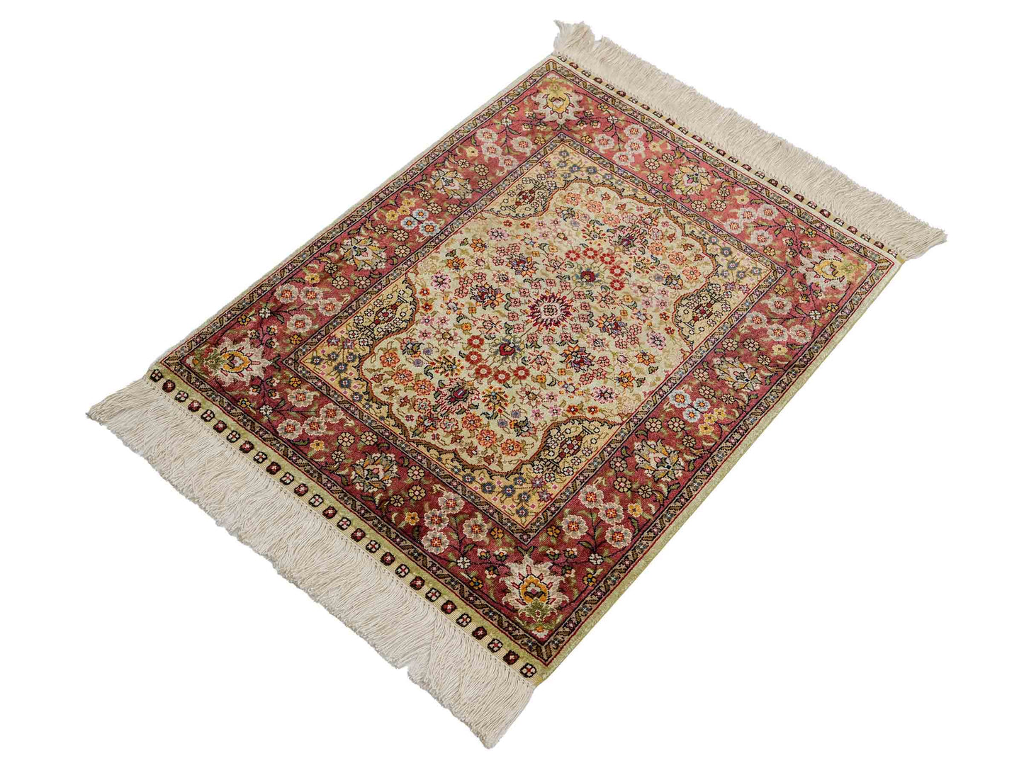 Sehr feiner, handgeknüpfter Khademi Orientteppich mit Hereke Design aus reiner Seide, creme, oliv, rosa. 62x48 cm. Vertrieb durch Jupiter Intl.