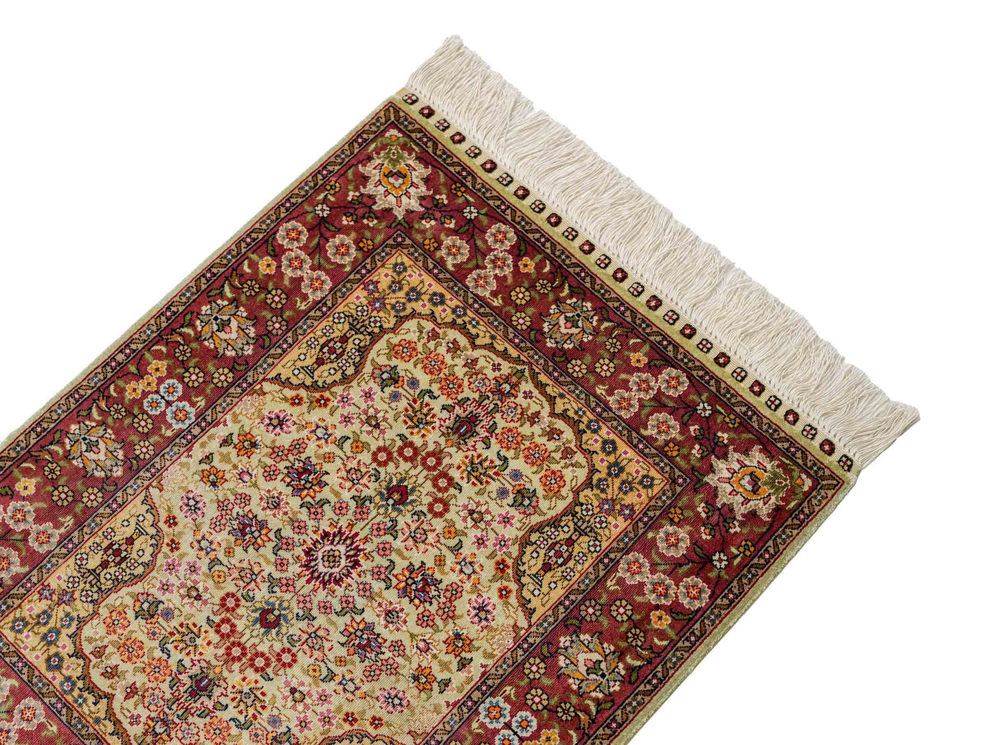 Sehr feiner, handgeknüpfter Khademi Orientteppich mit Hereke Design aus reiner Seide, creme, oliv, rosa. 62x48 cm. Vertrieb durch Jupiter Intl.