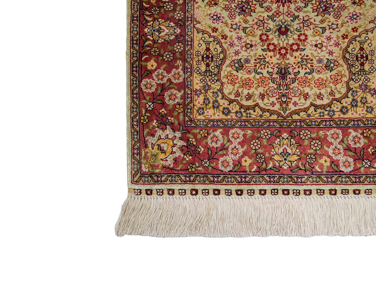 Sehr feiner, handgeknüpfter Khademi Orientteppich mit Hereke Design aus reiner Seide, creme, oliv, rosa. 62x48 cm. Vertrieb durch Jupiter Intl.