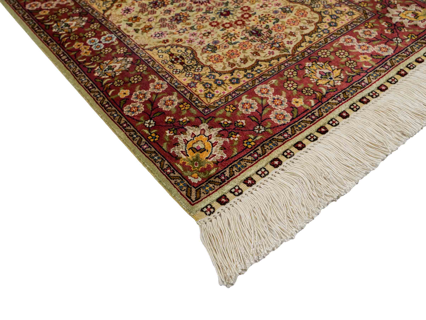 Sehr feiner, handgeknüpfter Khademi Orientteppich mit Hereke Design aus reiner Seide, creme, oliv, rosa. 62x48 cm. Vertrieb durch Jupiter Intl.