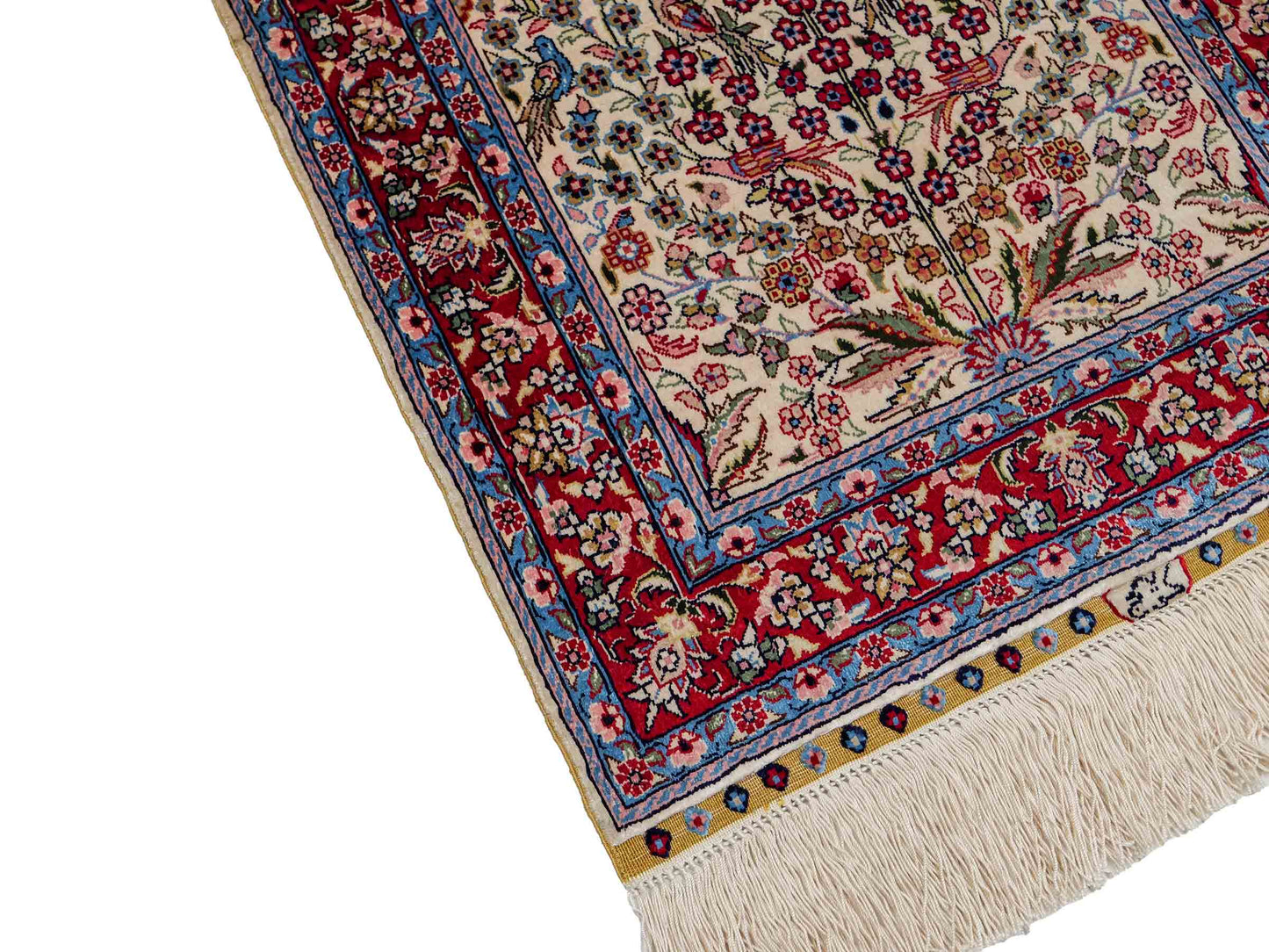 Sehr feiner, handgeknüpfter Khademi Orientteppich mit Hereke Design aus reiner Seide, creme, weiß, rot, blau. 63x47 cm. Vertrieb durch Jupiter Intl.