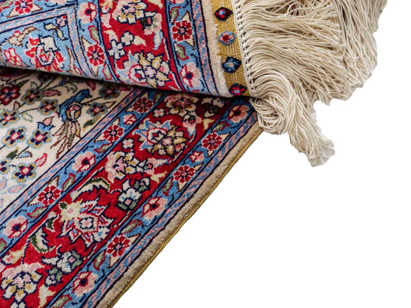 Sehr feiner, handgeknüpfter Khademi Orientteppich mit Hereke Design aus reiner Seide, creme, weiß, rot, blau. 63x47 cm. Vertrieb durch Jupiter Intl.